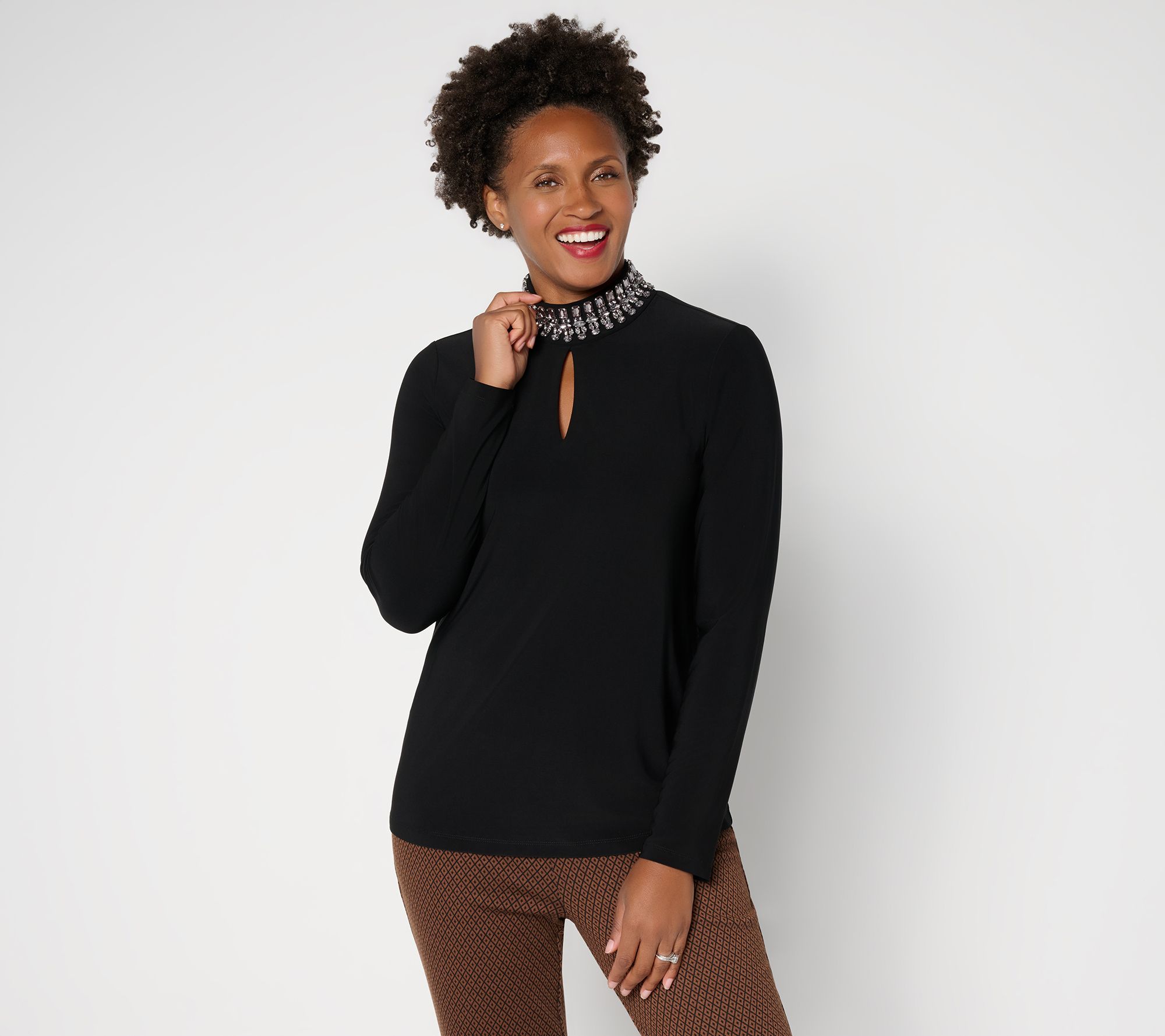 Susan Graver LK Luxe Embellished Turtle-Neck Top w/ Keyhole