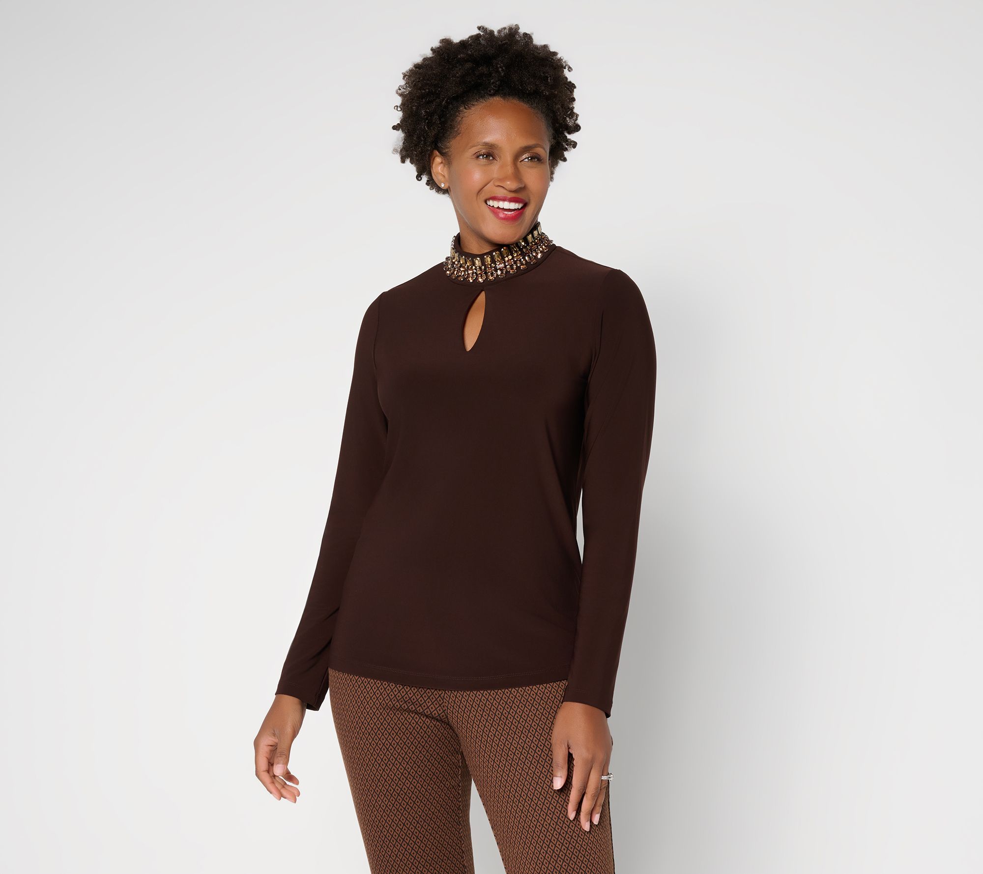 Susan Graver LK Luxe Embellished Turtle-Neck Top w/ Keyhole