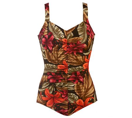 It Figures Tropical Print Shirred Front Tank Swimsuit QVC