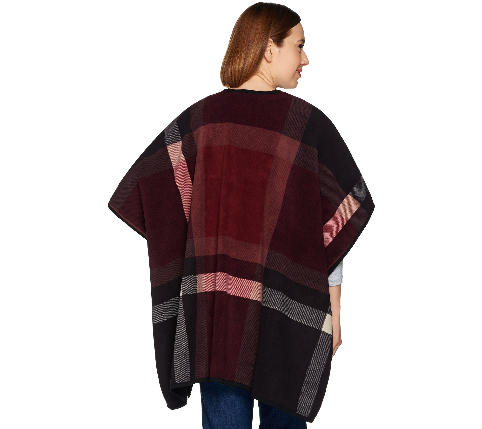 Denim & Co. Plaid Printed Reversible Open Front Fleece Poncho