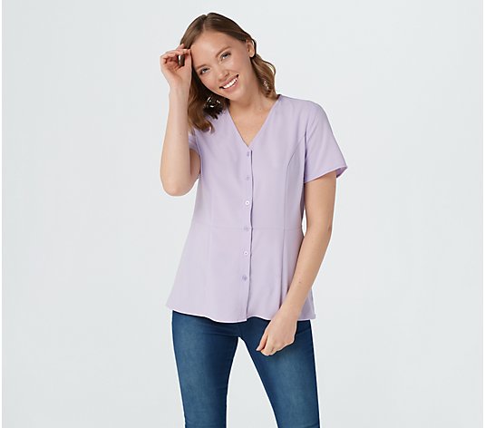 Denim & Co. Button-Up Short Sleeve Flare Top