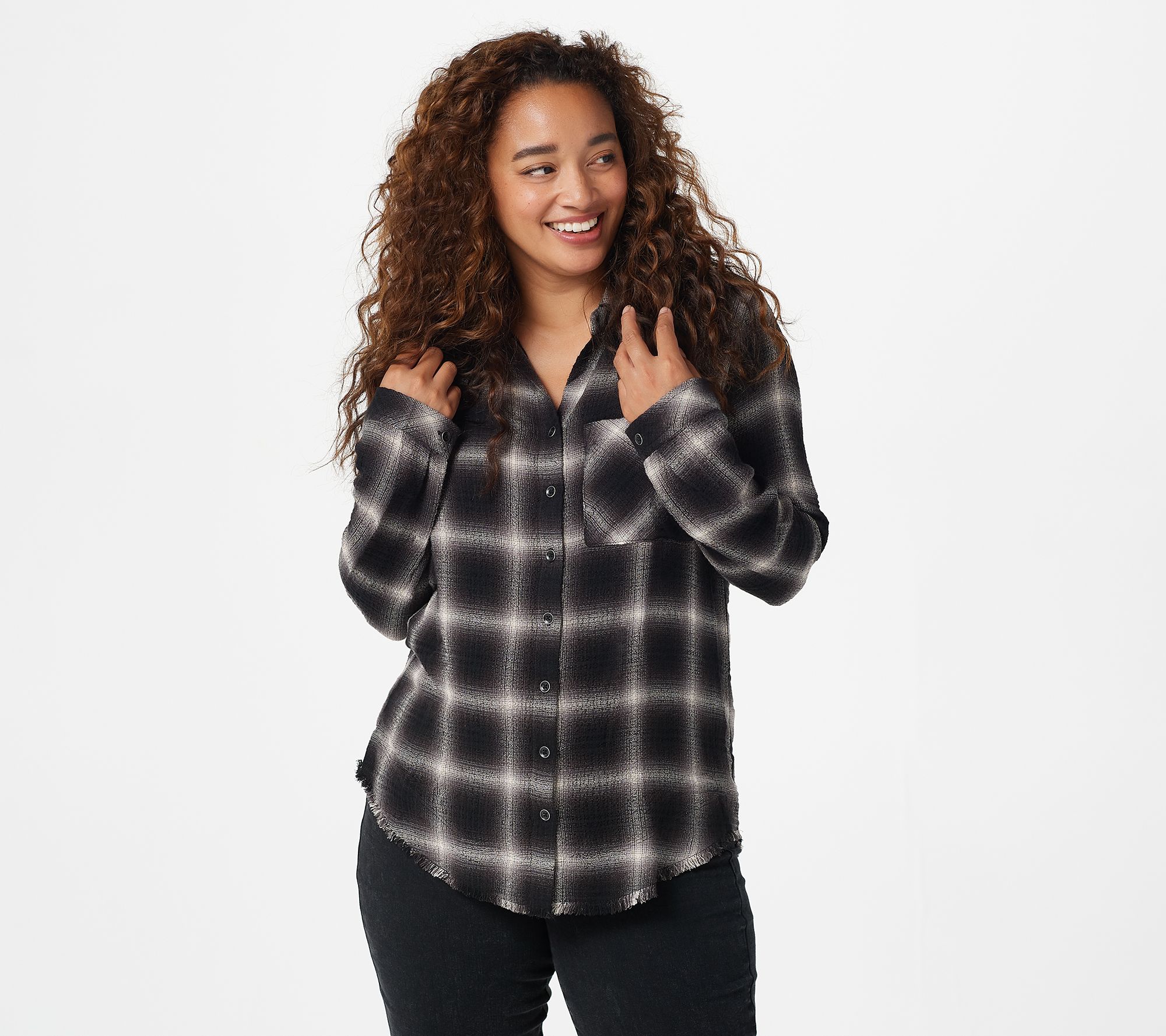 Side Stitch Rounded Yoke Plaid Button Front Top - QVC.com