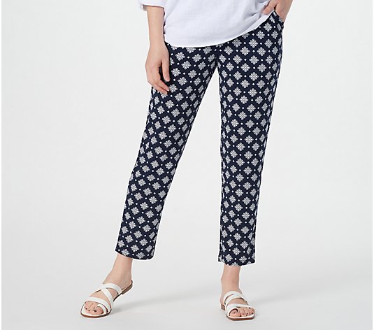 Denim & Co. Printed Jersey Pull-On Slim Ankle Pants with Tie Waist