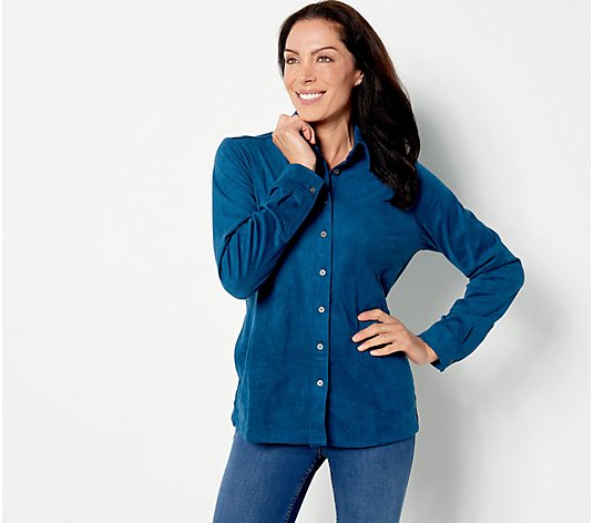 Denim & Co. Faux Suede Button-Front Shirt with Side Seam Pockets