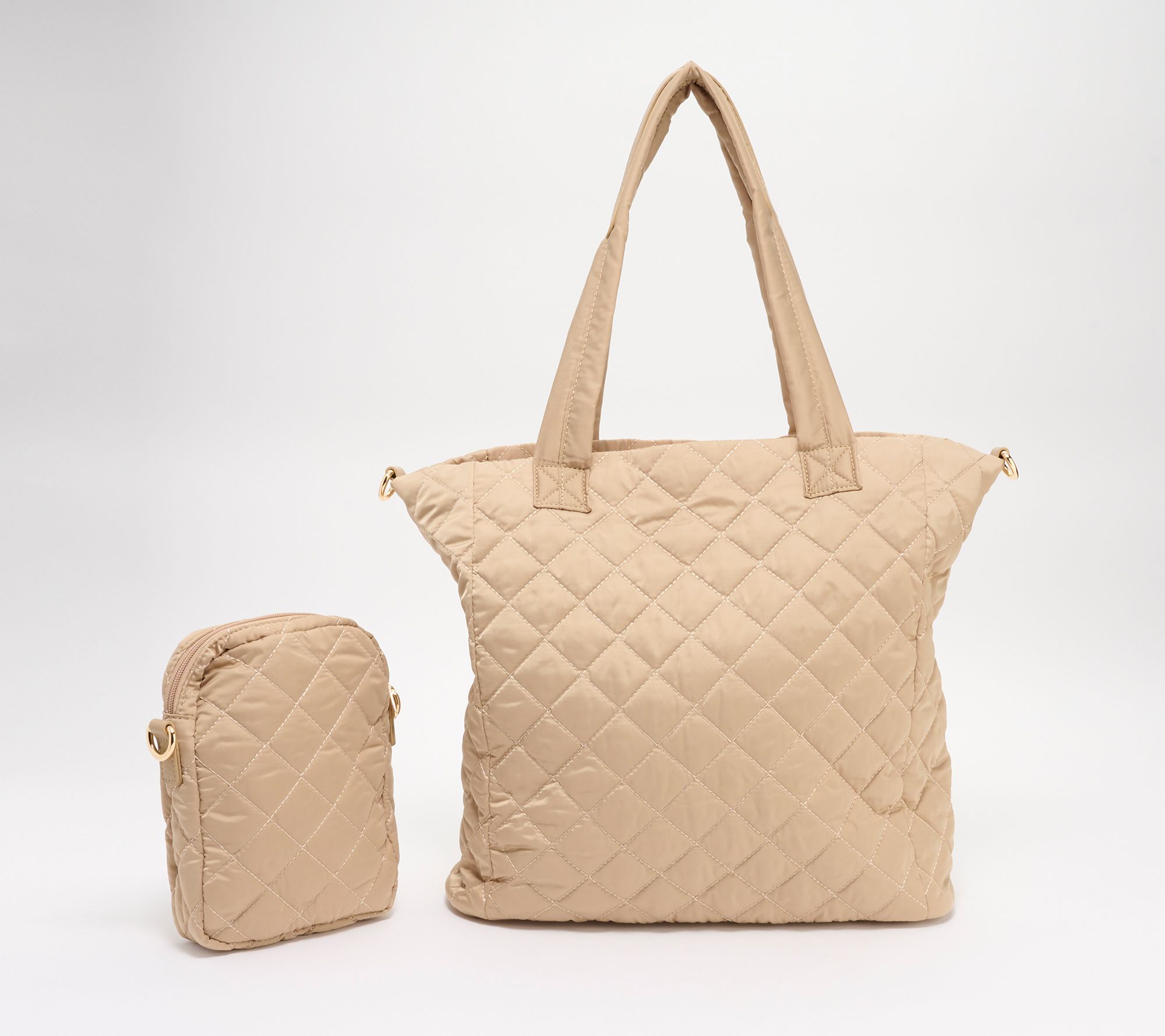 Amy Stran x Ahdorned Quilted North/South Nylon Tote Set ,Dark Beige
