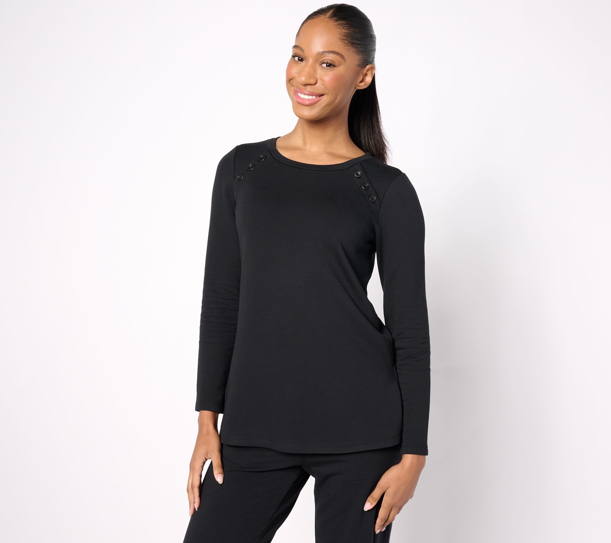 Susan Graver Weekend Petite Brushed Back Knit Tunic with Button Detail