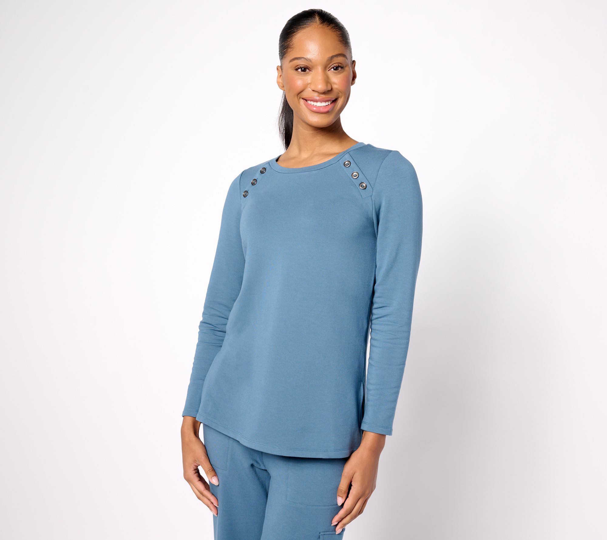 Susan Graver Weekend Petite Brushed Back Knit Tunic with Button Detail