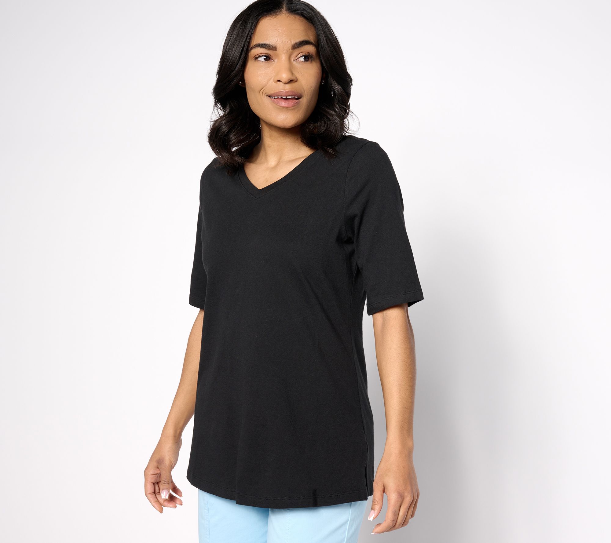 Denim & Co. Essentials Petite True Cotton Jersey V-Neck Tunic