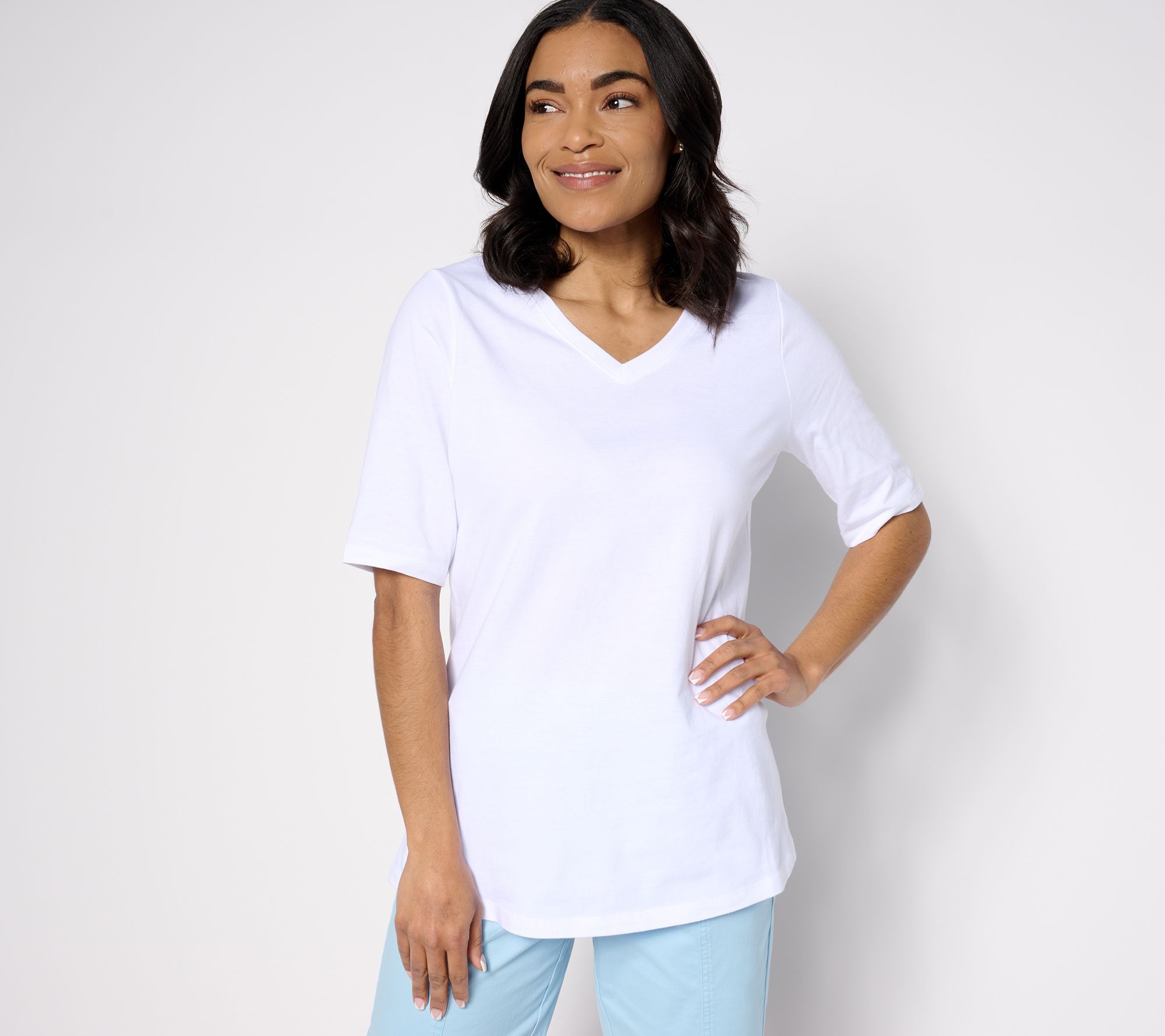 Denim & Co. Essentials Petite True Cotton Jersey V-Neck Tunic