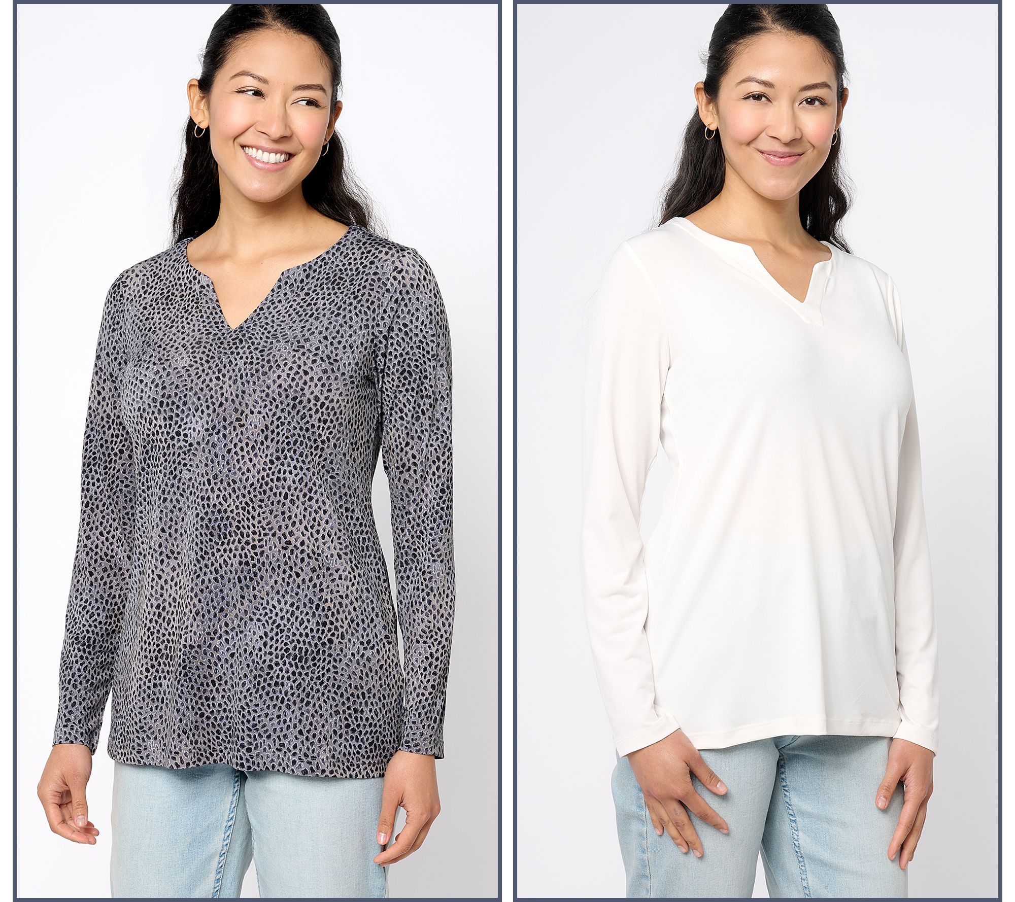 "As Is" Susan Graver Set of 2 Print & Solid Liquid Knit Split Neck Top