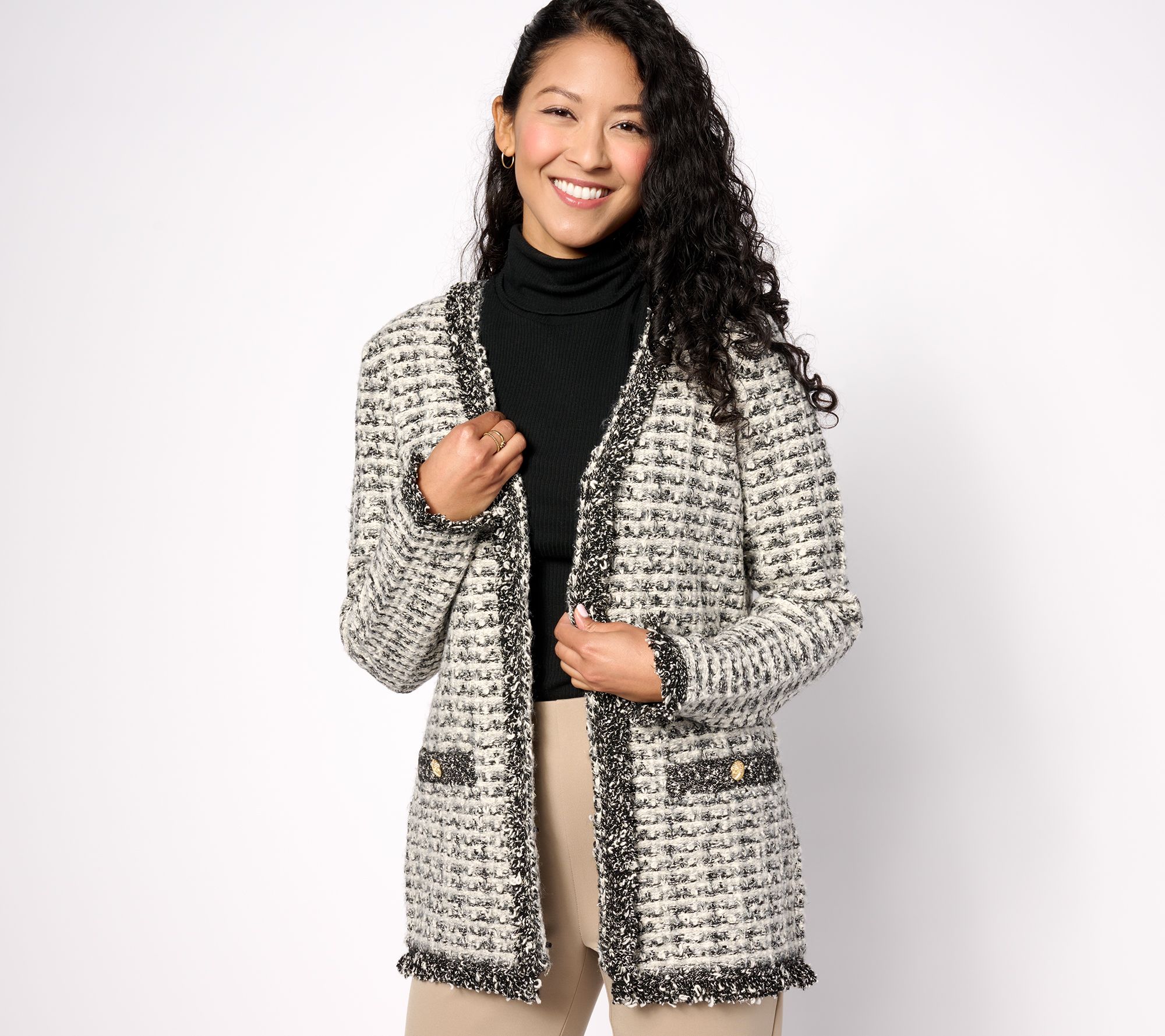 "As Is" Isaac Mizrahi Live! Fringe Trim Tweed Jacket w/ Pockets