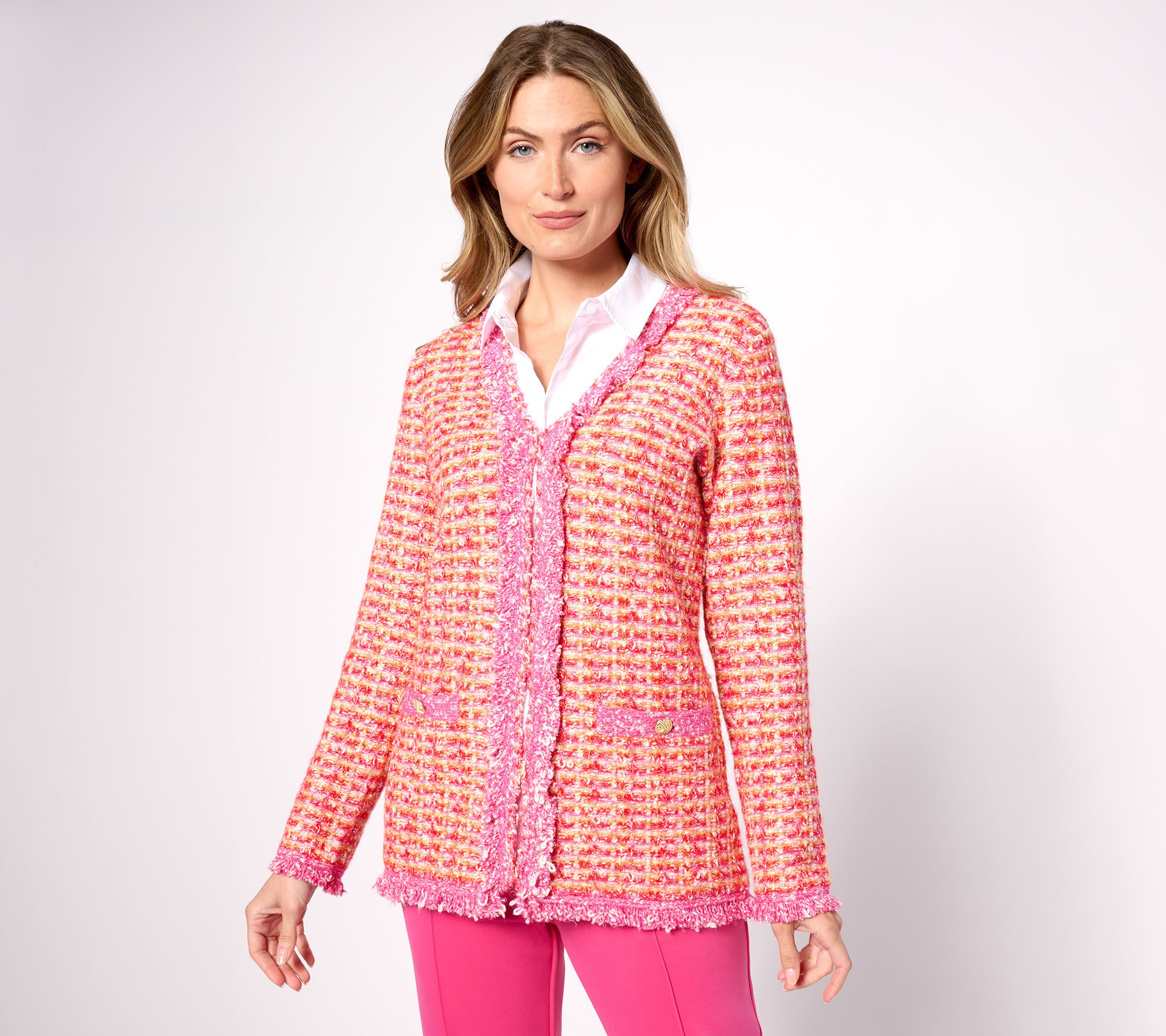 "As Is" Isaac Mizrahi Live! Fringe Trim Tweed Jacket w/ Pockets