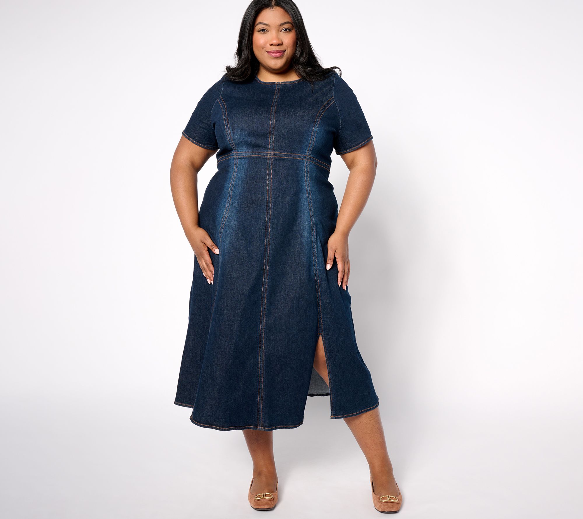 Peace Love World Denim Petite Short Sleeve Midi Dress- Denim