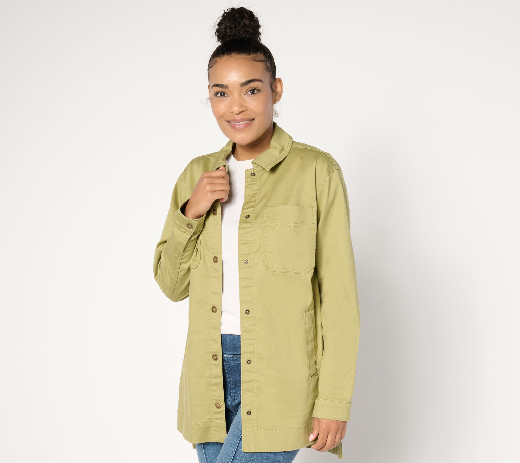 Belle by Kim Gravel Stretch Denim High Low Snap Front Shacket