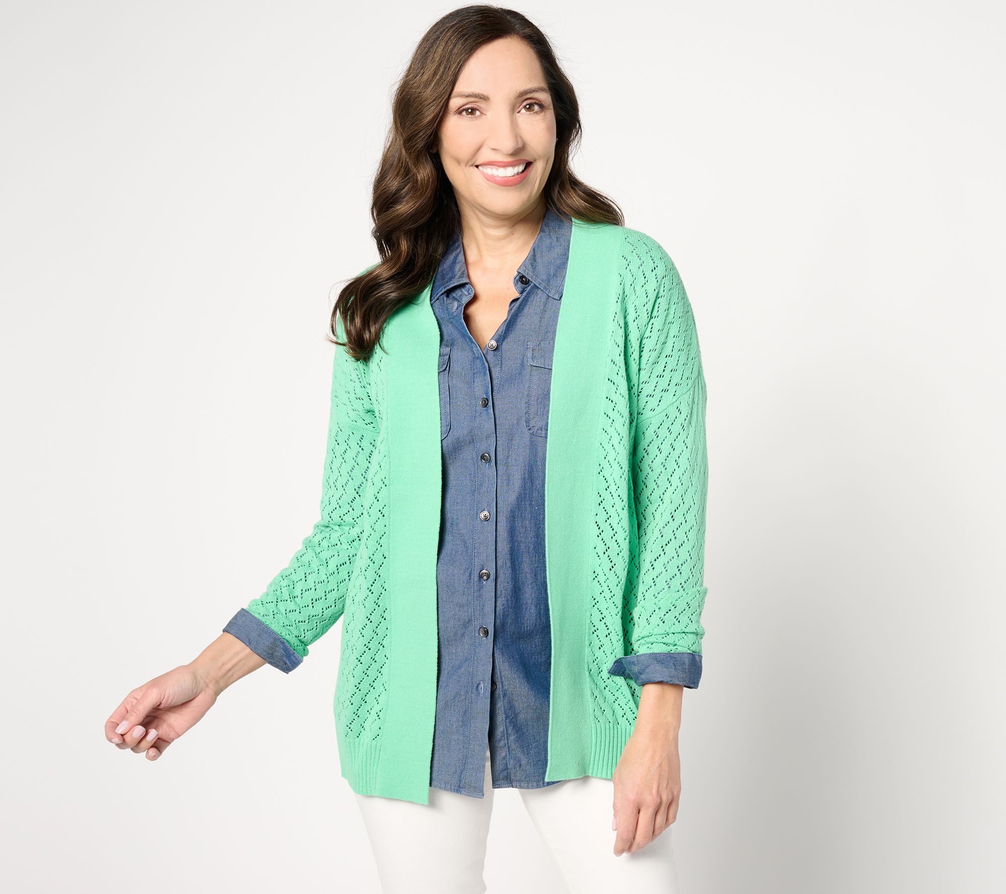 "As Is" Denim & Co. Novelty Stitch Open Front Long Sleeve Cardigan