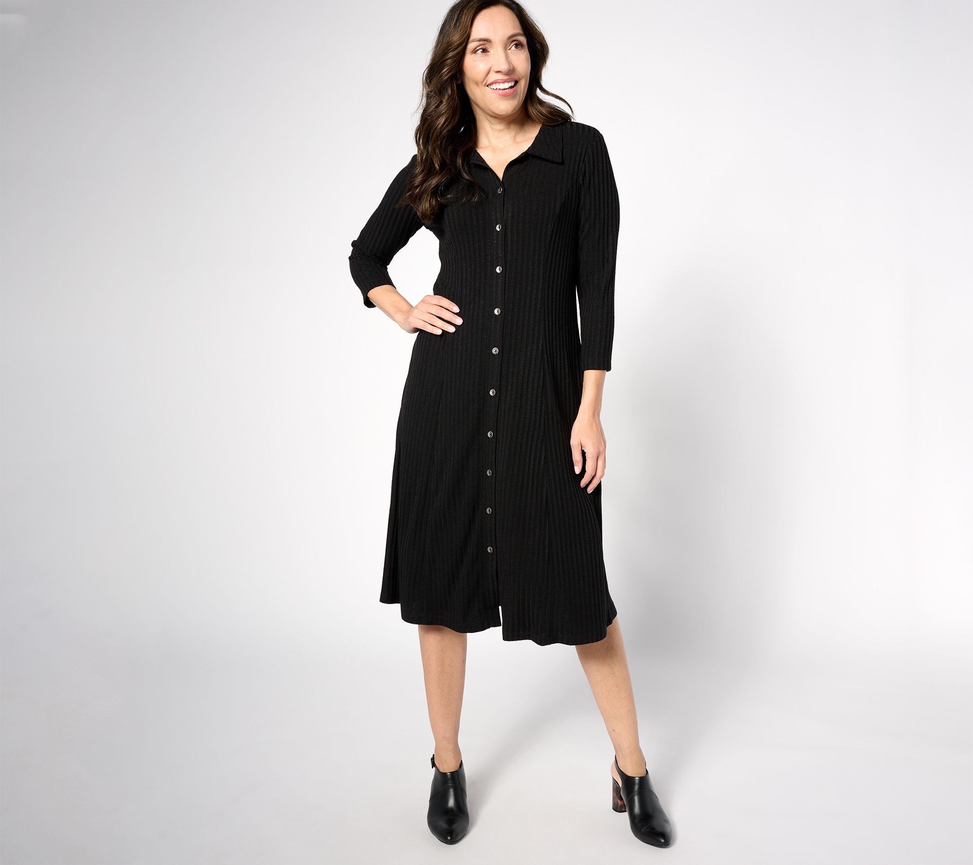 "As Is" Susan Graver Regular Sweater Rib Knit Button Front Mid Dress