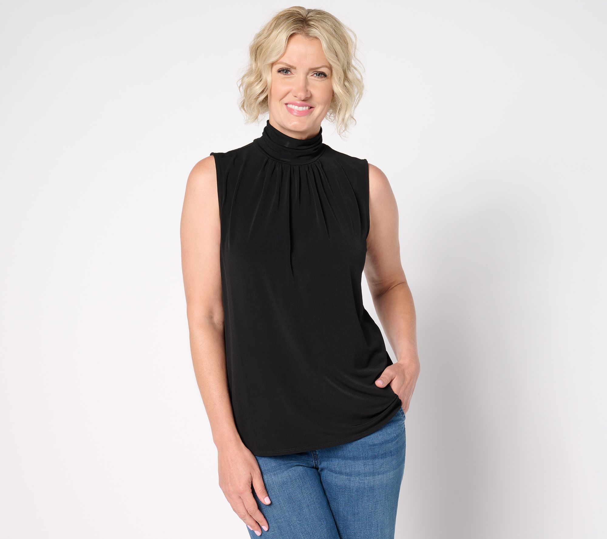 Susan Graver Liquid Knit Sleeveless Top w/ Ruched Mock-Neck
