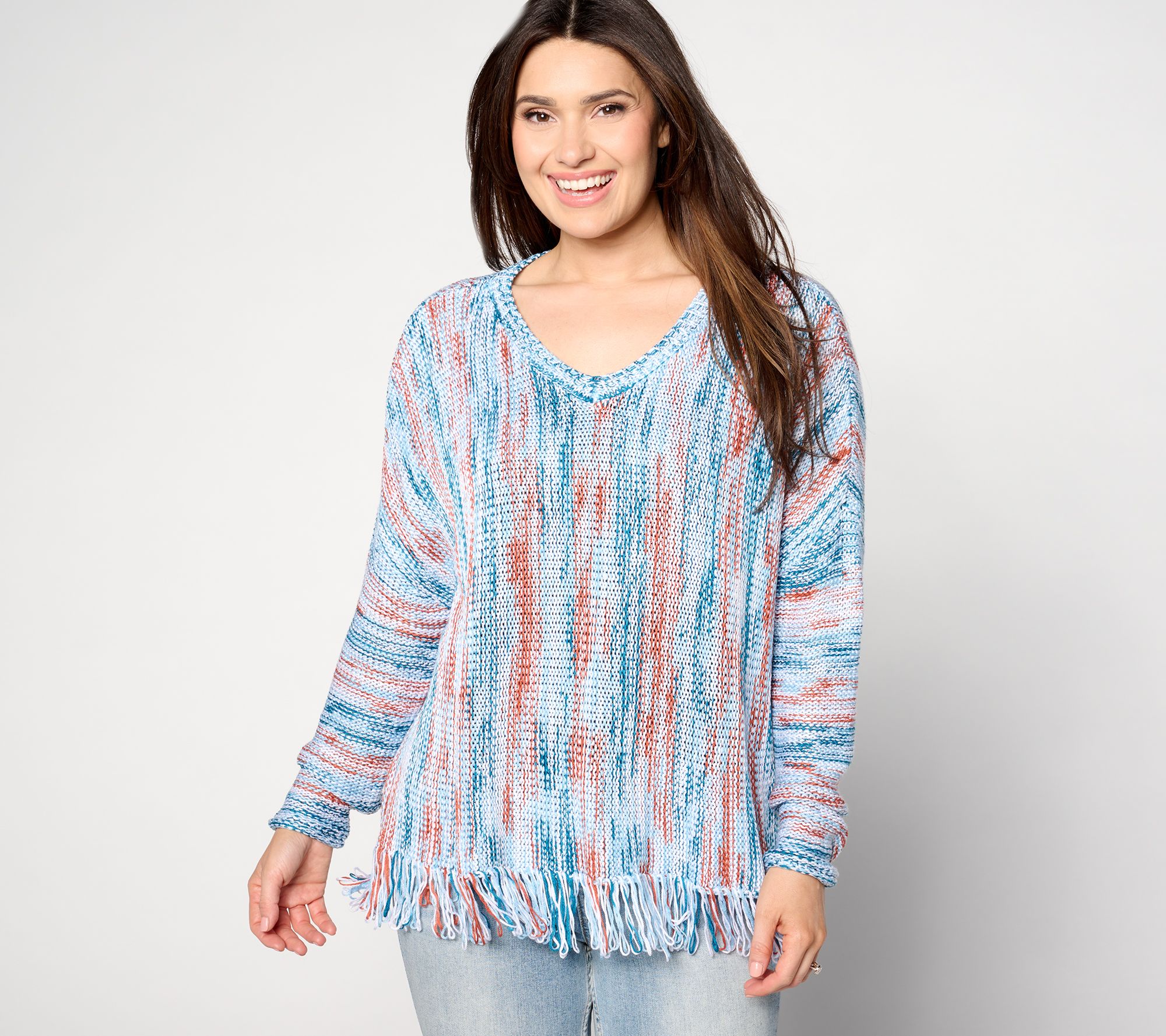 "As Is" Denim & Co. Canyon Retreat Drop Shoulder Fringe Hem Pullover