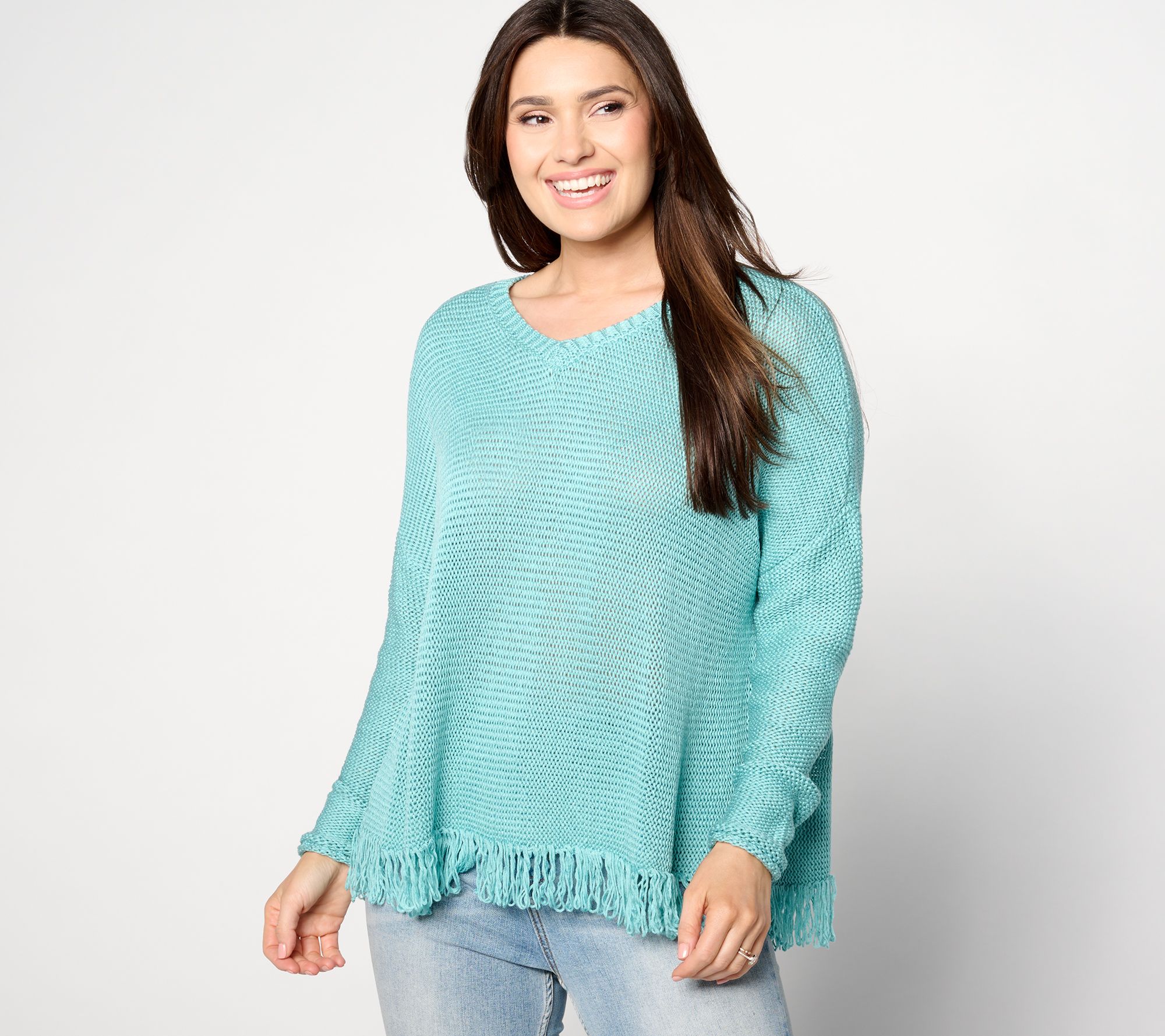 "As Is" Denim & Co. Canyon Retreat Drop Shoulder Fringe Hem Pullover