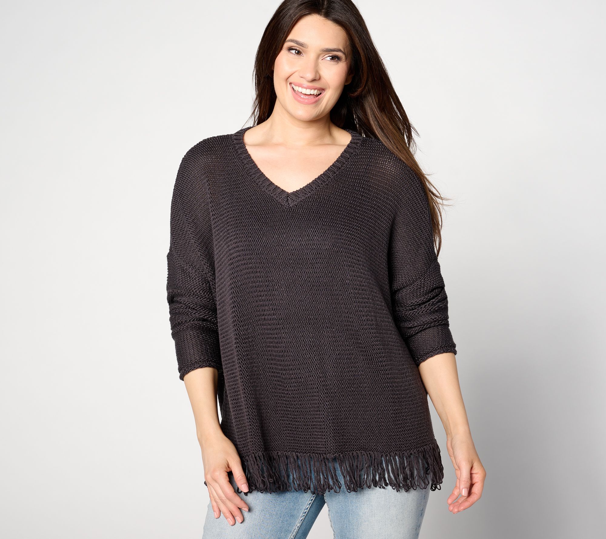 "As Is" Denim & Co. Canyon Retreat Drop Shoulder Fringe Hem Pullover