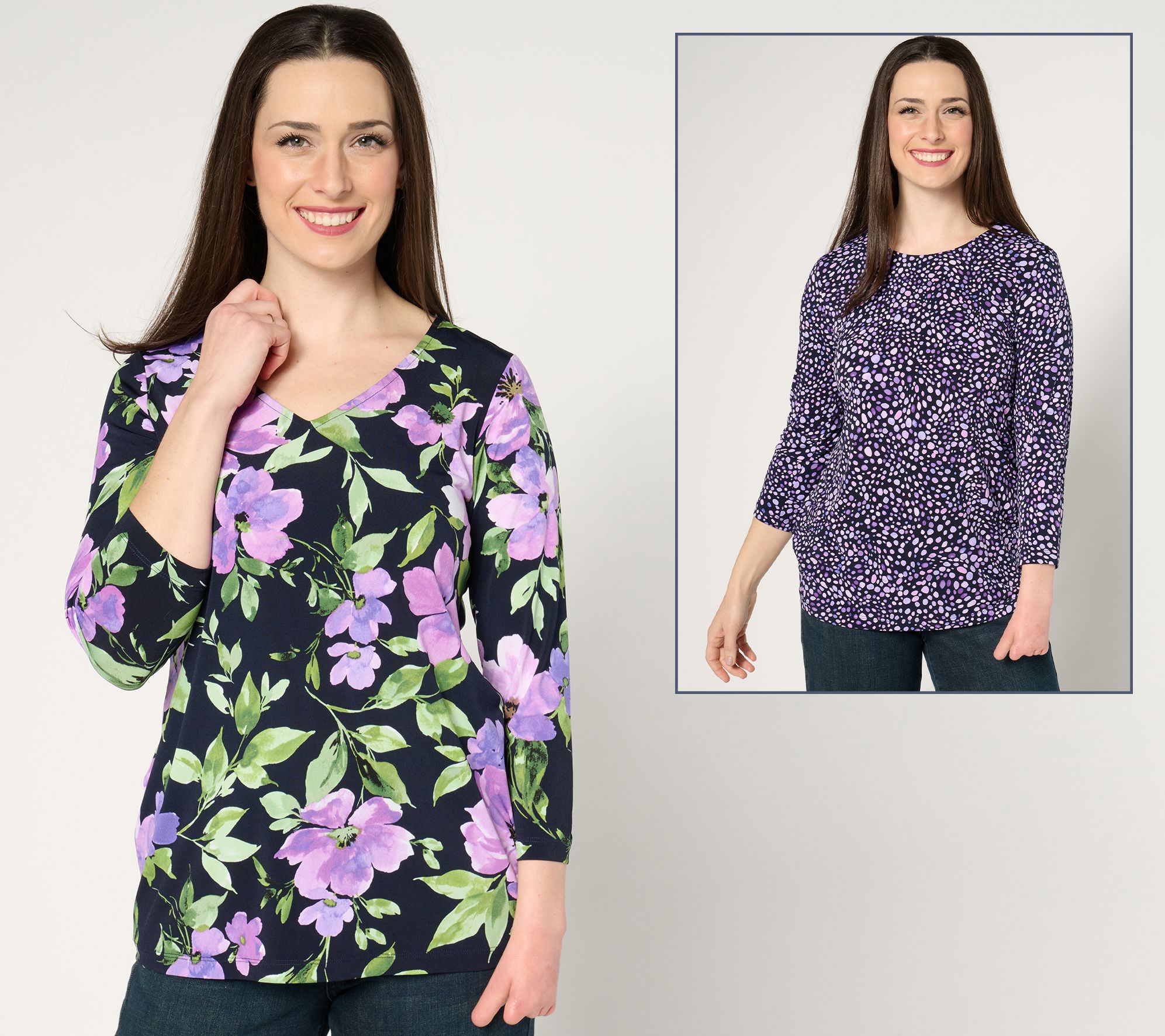 Susan Graver Printed Liquid Knit Set of Two 3/4-Sleeve Tops