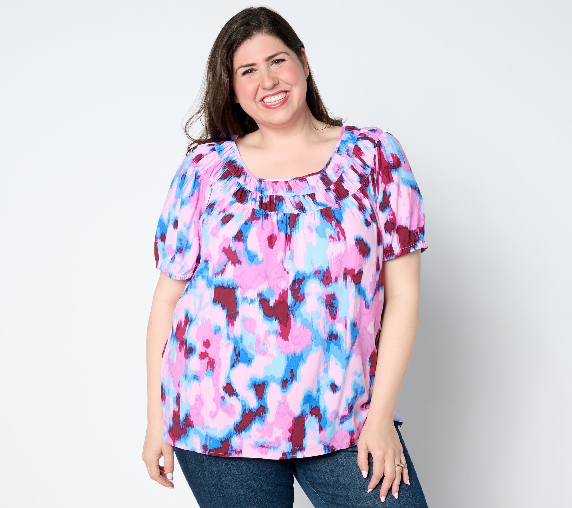 "As Is" Denim & Co. Printed Short Sleeve Blouse with Pleat Neckline