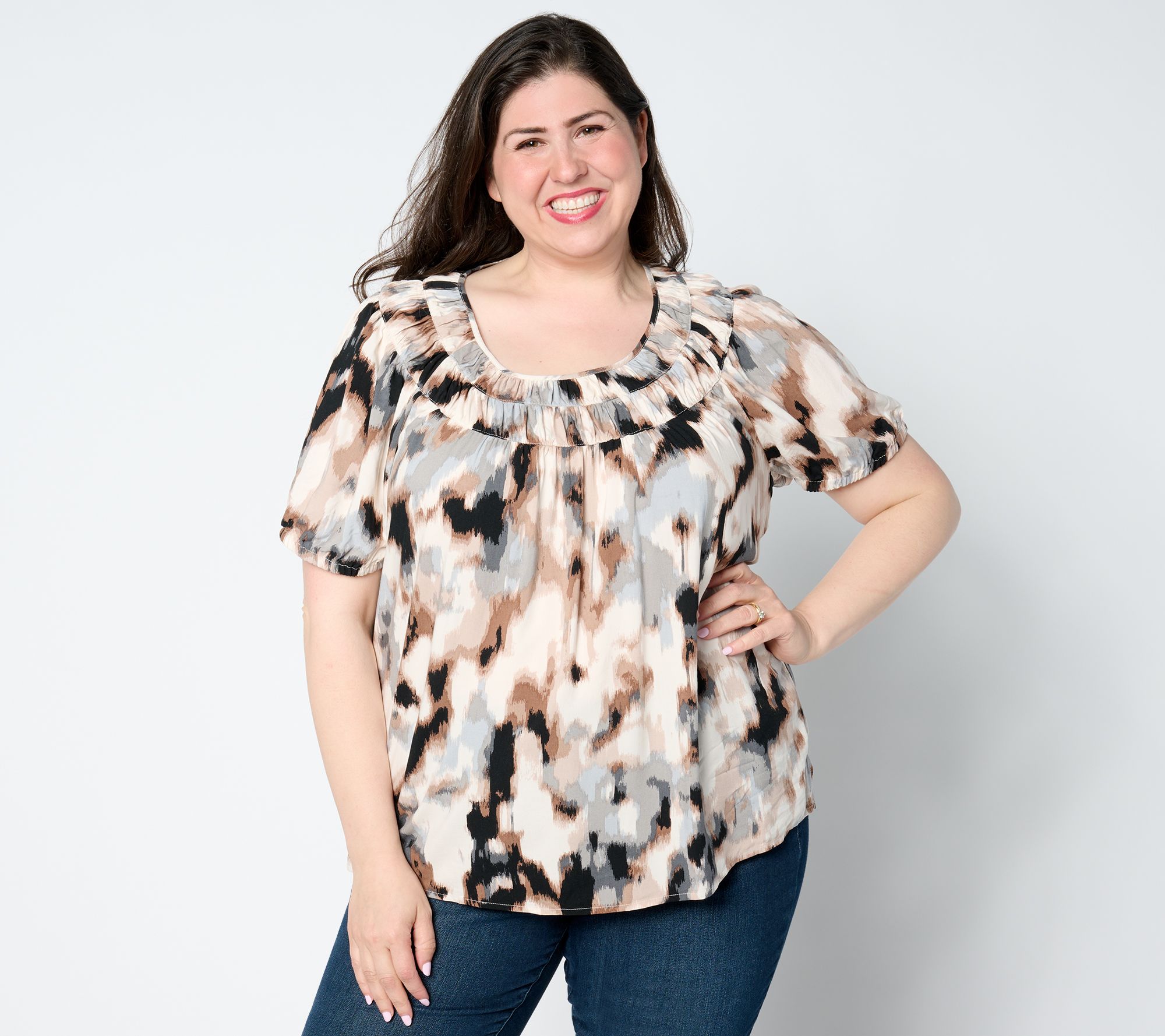 "As Is" Denim & Co. Printed Short Sleeve Blouse with Pleat Neckline