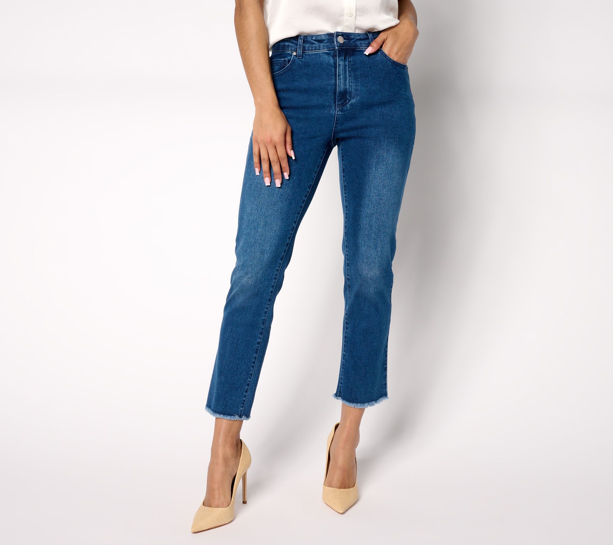 Dennis Basso Petite Riveria Stretch Straight Jean with Fray Hem