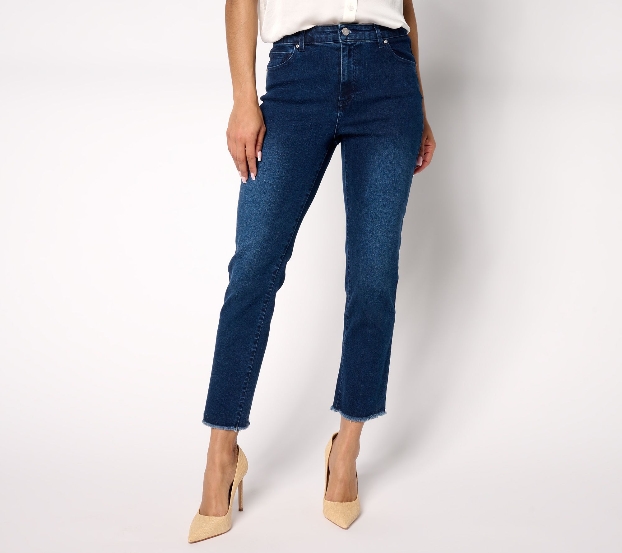 Dennis Basso Petite Riveria Stretch Straight Jean with Fray Hem
