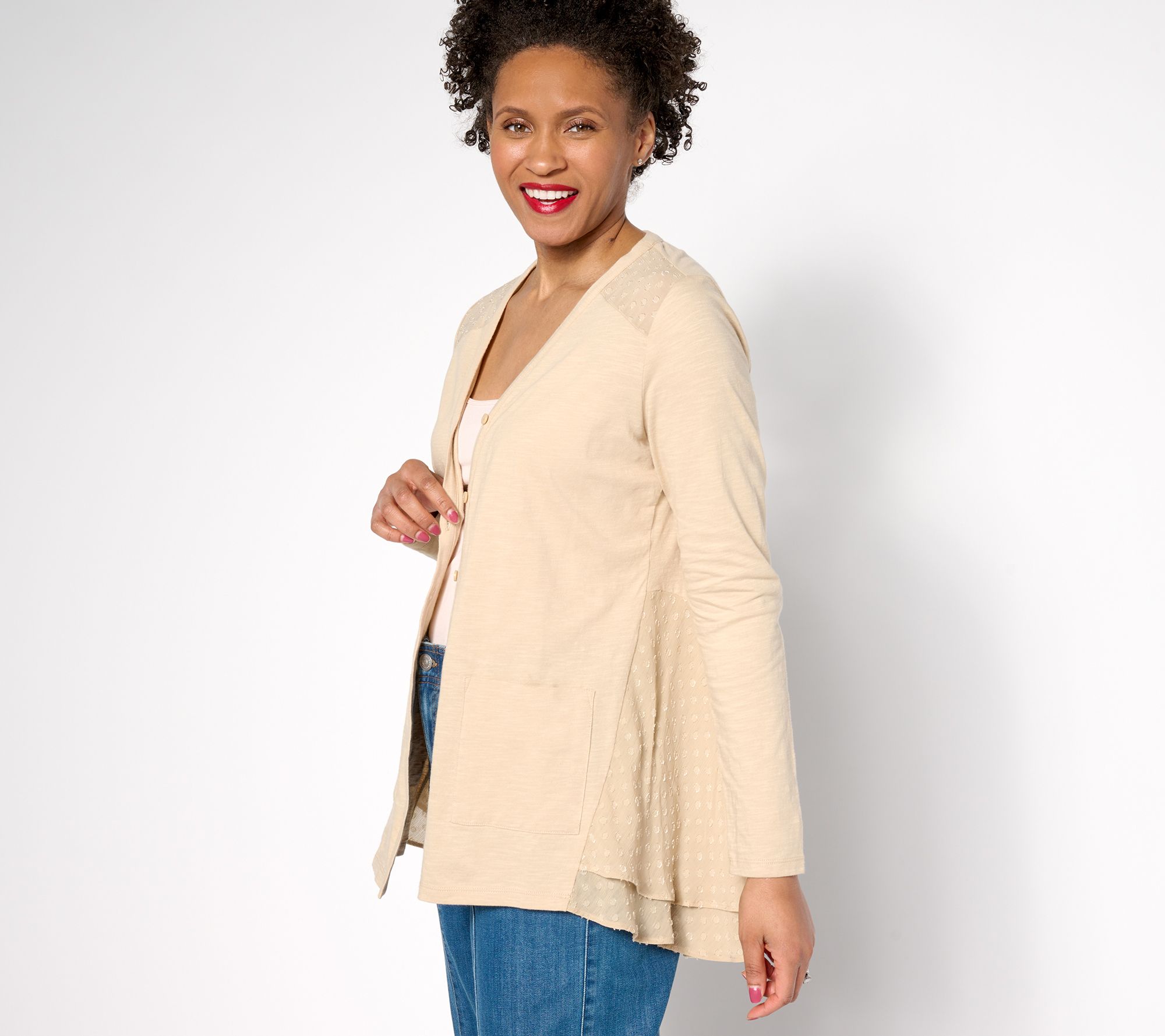 LOGO by Lori Goldstein Regular Knit Cardigan with Clip Dot Trim