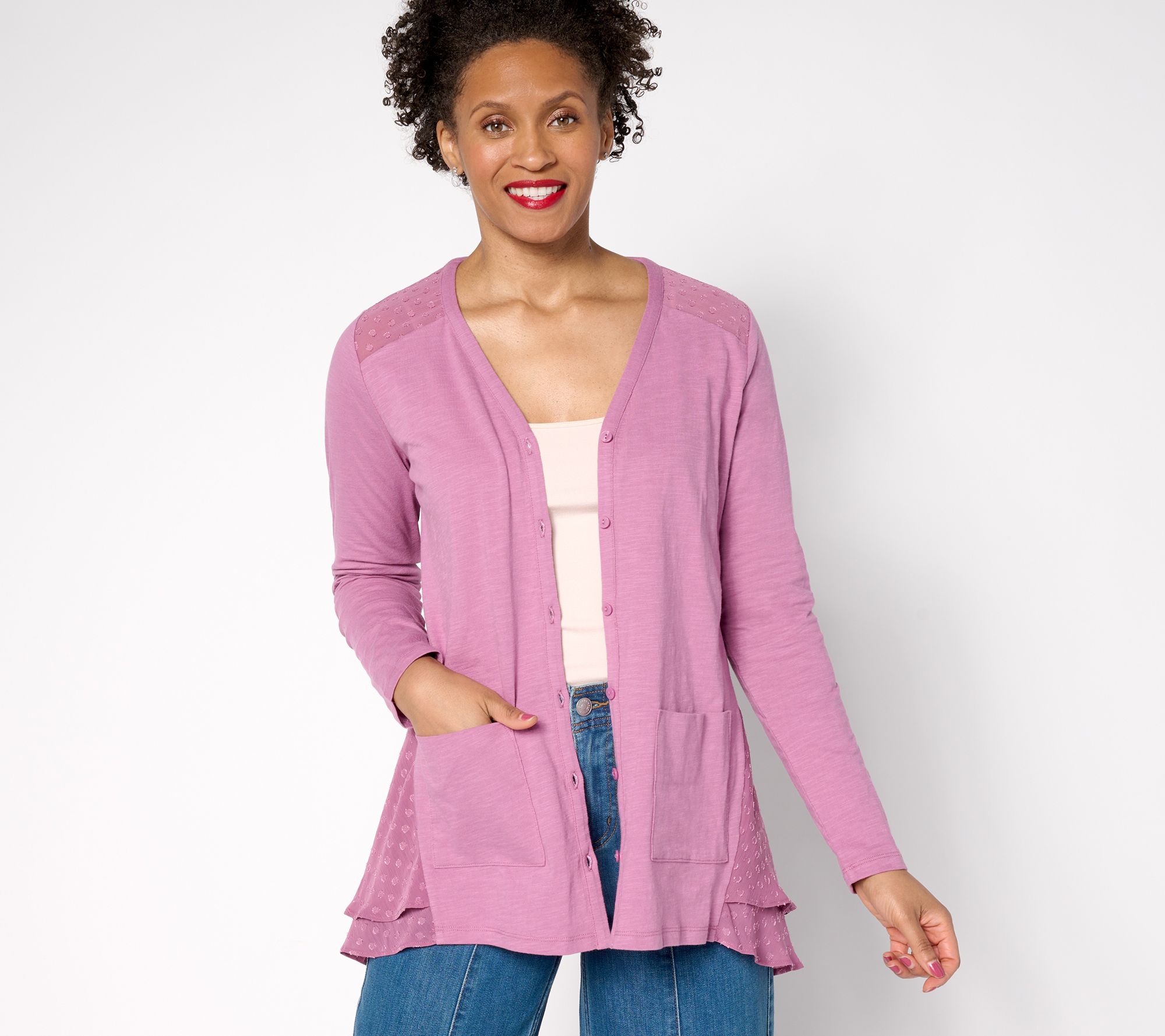 LOGO by Lori Goldstein Regular Knit Cardigan with Clip Dot Trim