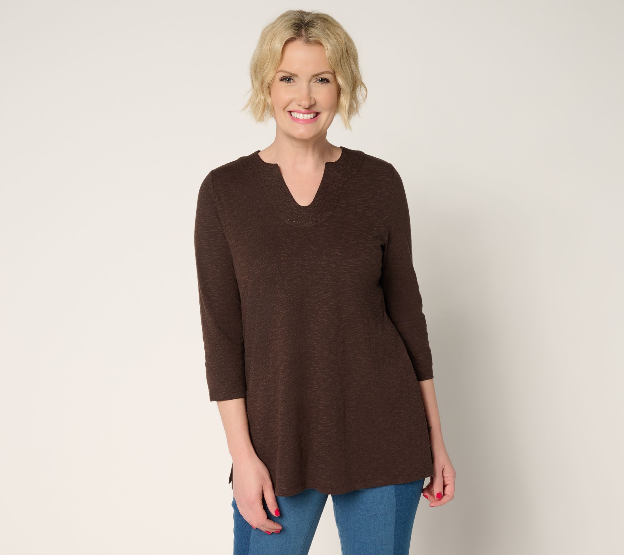 Denim & Co. Petite Slub Jersey 3/4 Sleeve U-Neck Tunic
