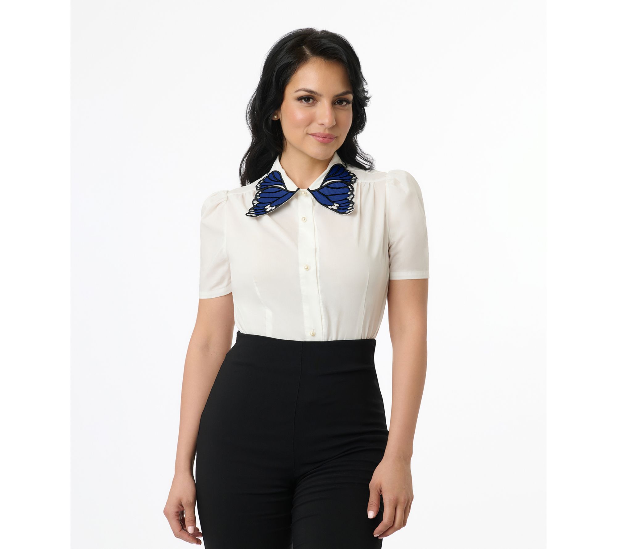 Unique Vintage White & Blue Butterfly Collar Cotton Blouse