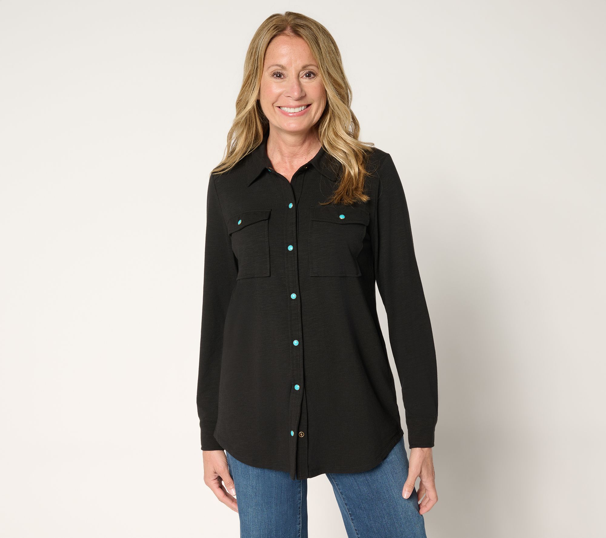 Belle Boho by Kim Gravel Slub Knit Cabochon Snap Front Shirt