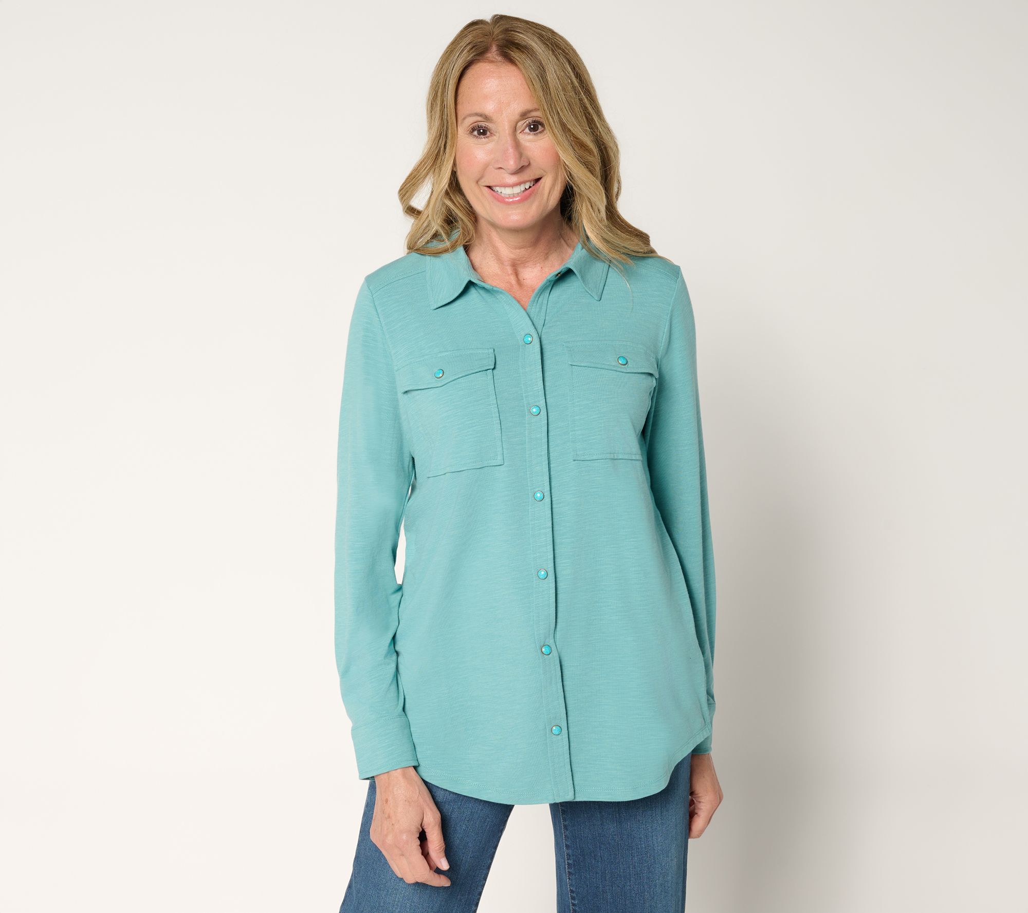 Belle Boho by Kim Gravel Slub Knit Cabochon Snap Front Shirt