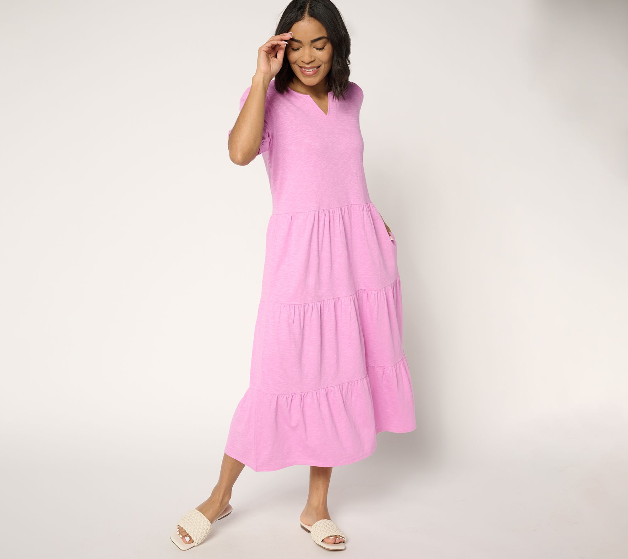 "As Is" Denim & Co. Petite Linen Blend Puff Sleeve Midi Dress