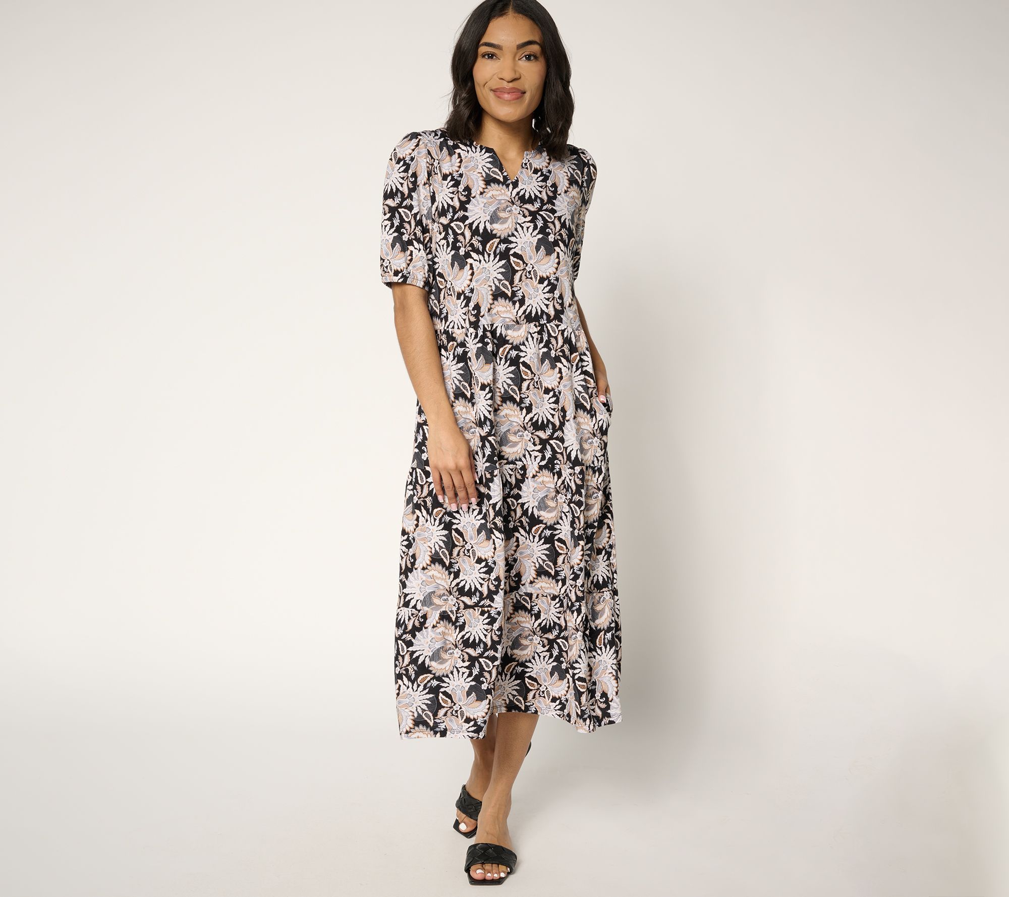 "As Is" Denim & Co. Petite Linen Blend Puff Sleeve Midi Dress