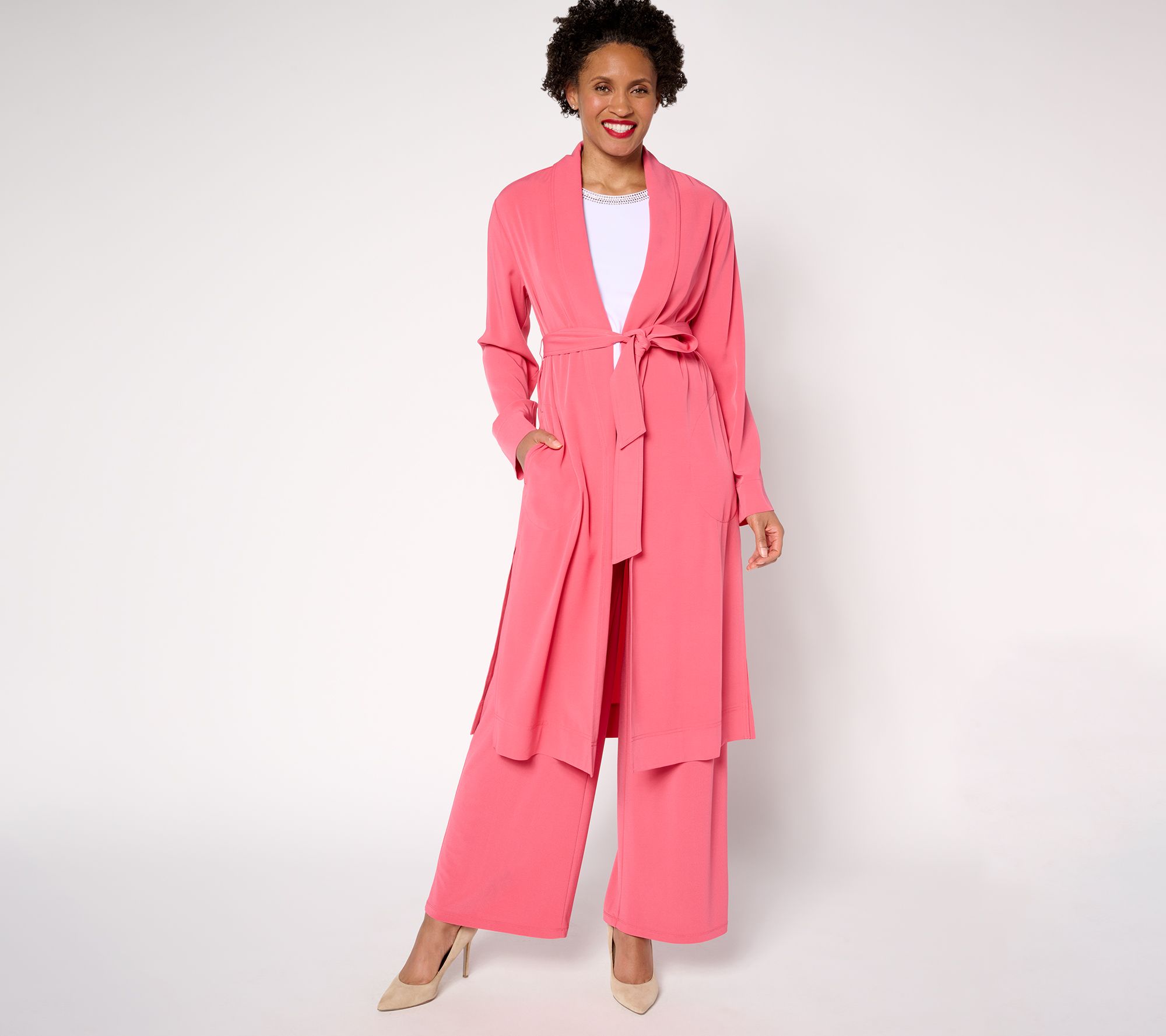 "As Is" Dennis Basso Petite Soft Wash Woven Topper with Self Belt