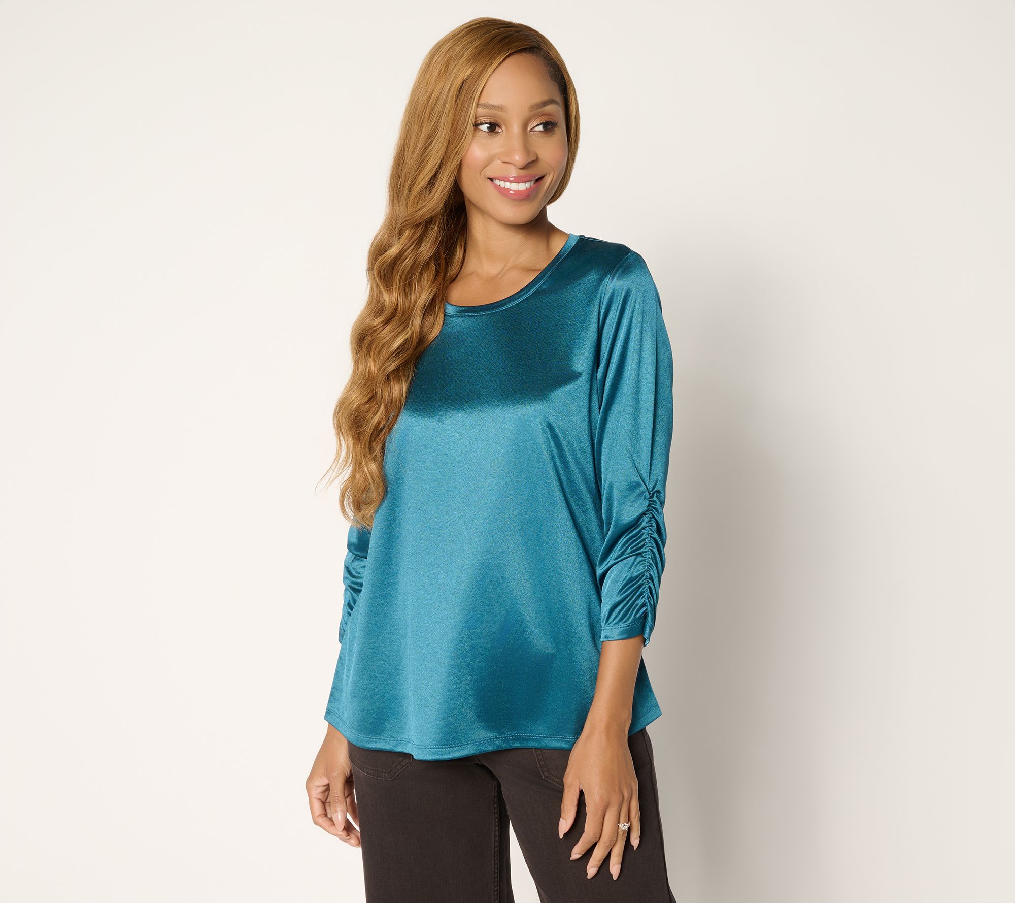 LOGO by Lori Goldstein Satin Knit 3/4 Ruched Sleeve Top