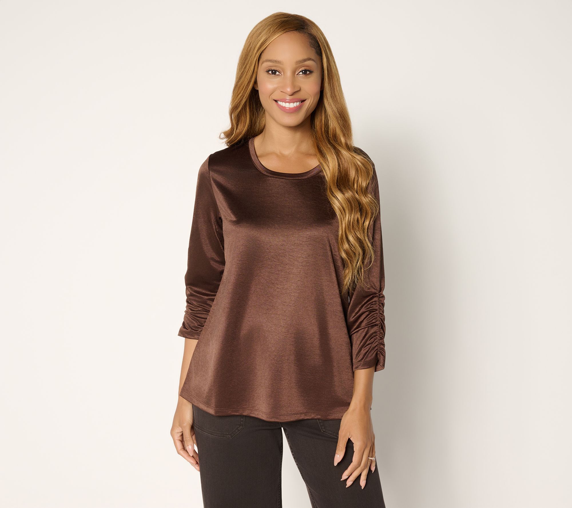LOGO by Lori Goldstein Satin Knit 3/4 Ruched Sleeve Top