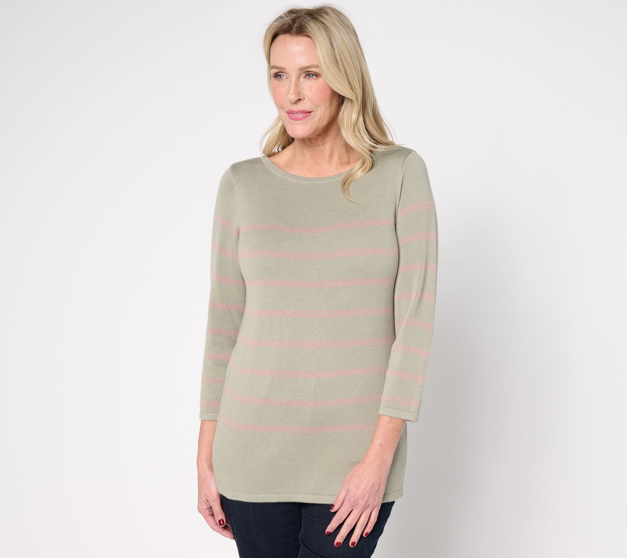"As Is" Martha Stewart Signature Striped 3/4- Sleeve Sweater