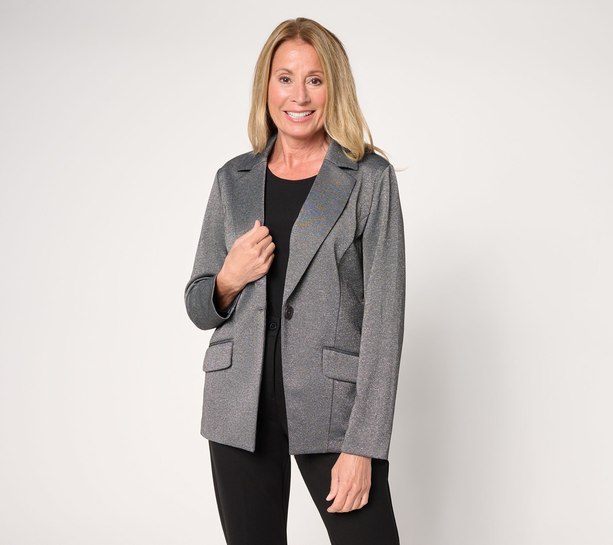 Susan Graver Regular Soft Metallic Knit Notch Collar Blazer