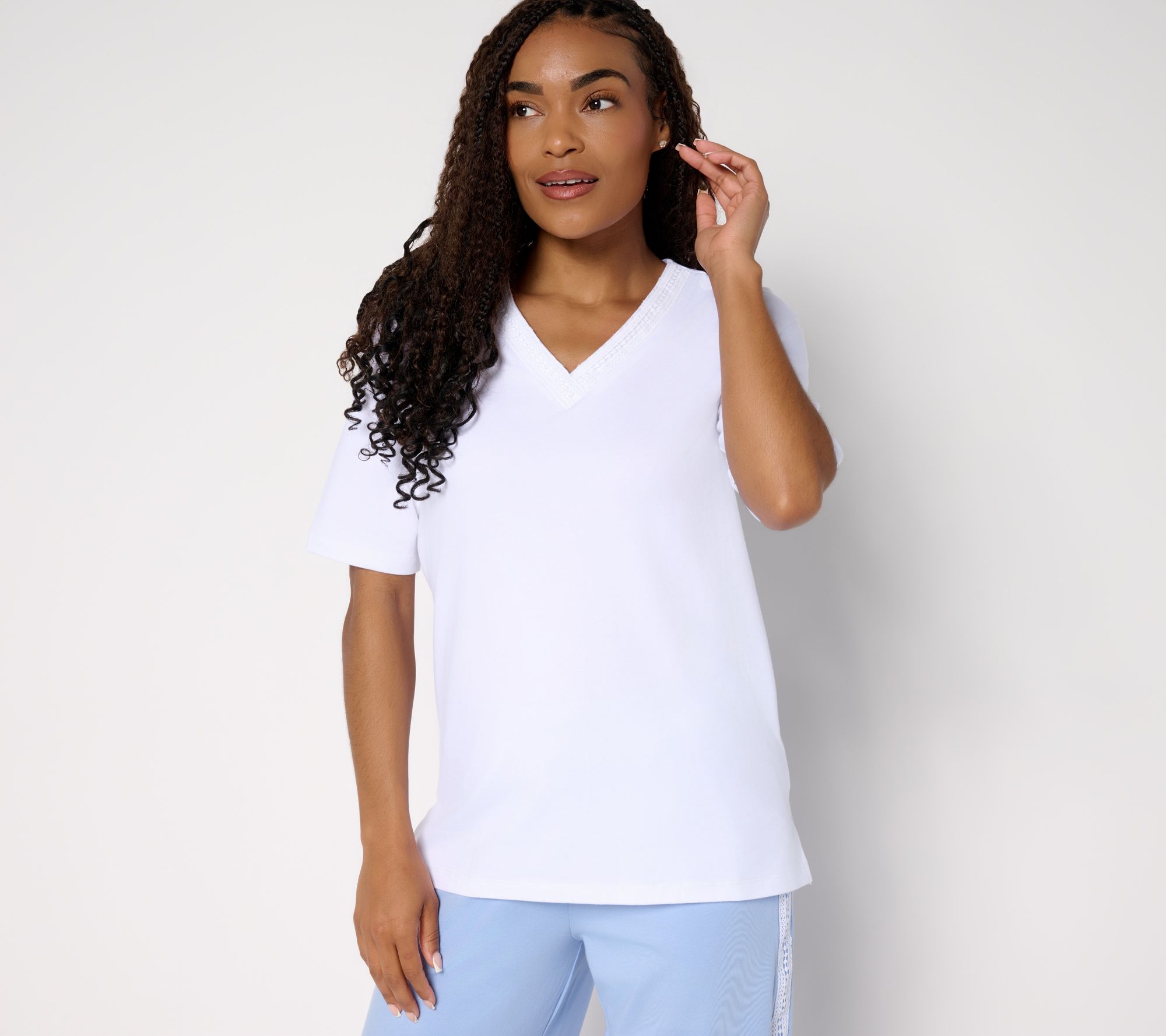 "As Is" Cuddl Duds Cottonwear + V-Neck Crochet Trim Tee