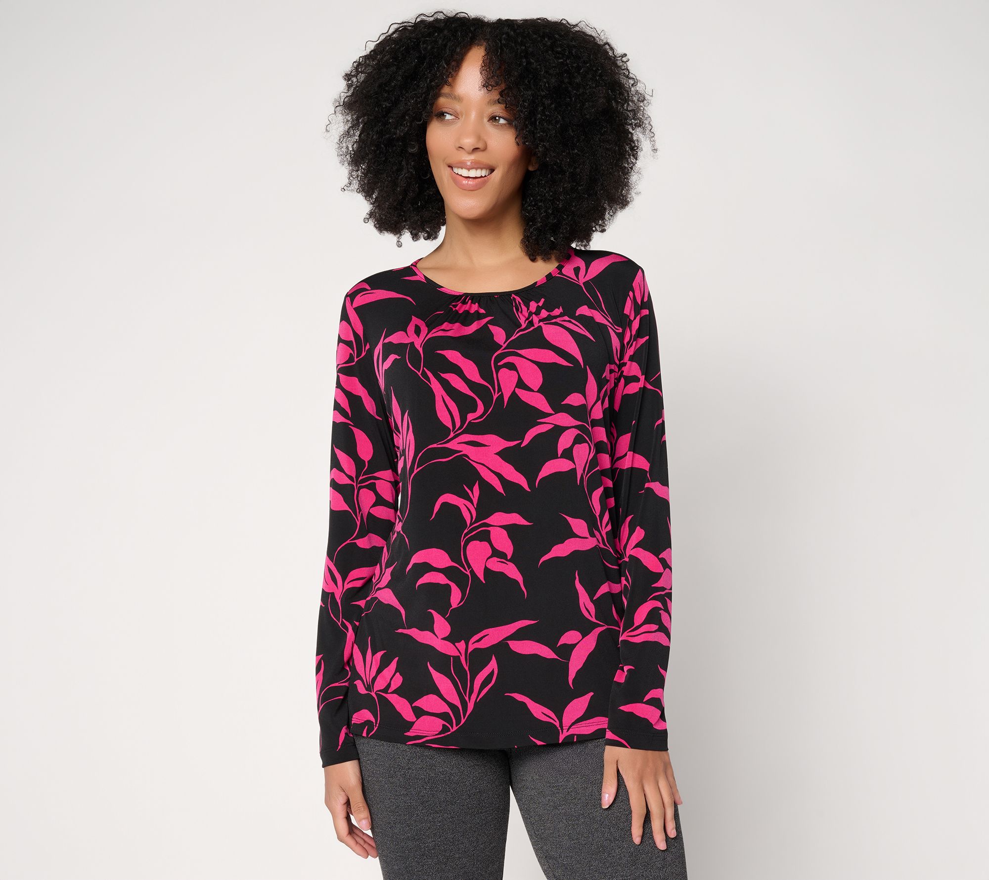 Susan Graver Printed Liquid Knit Crew Neck Top with Shirring - QVC.com