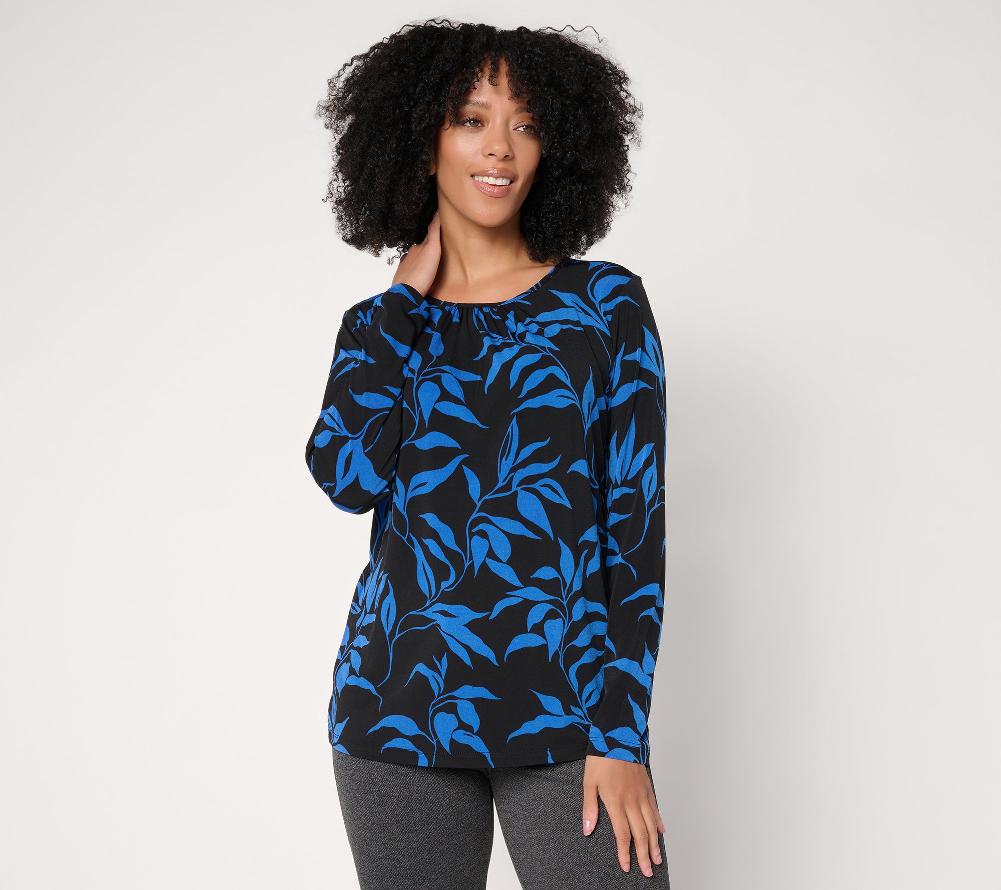 Susan Graver Printed Liquid Knit Crew Neck Top with Shirring
