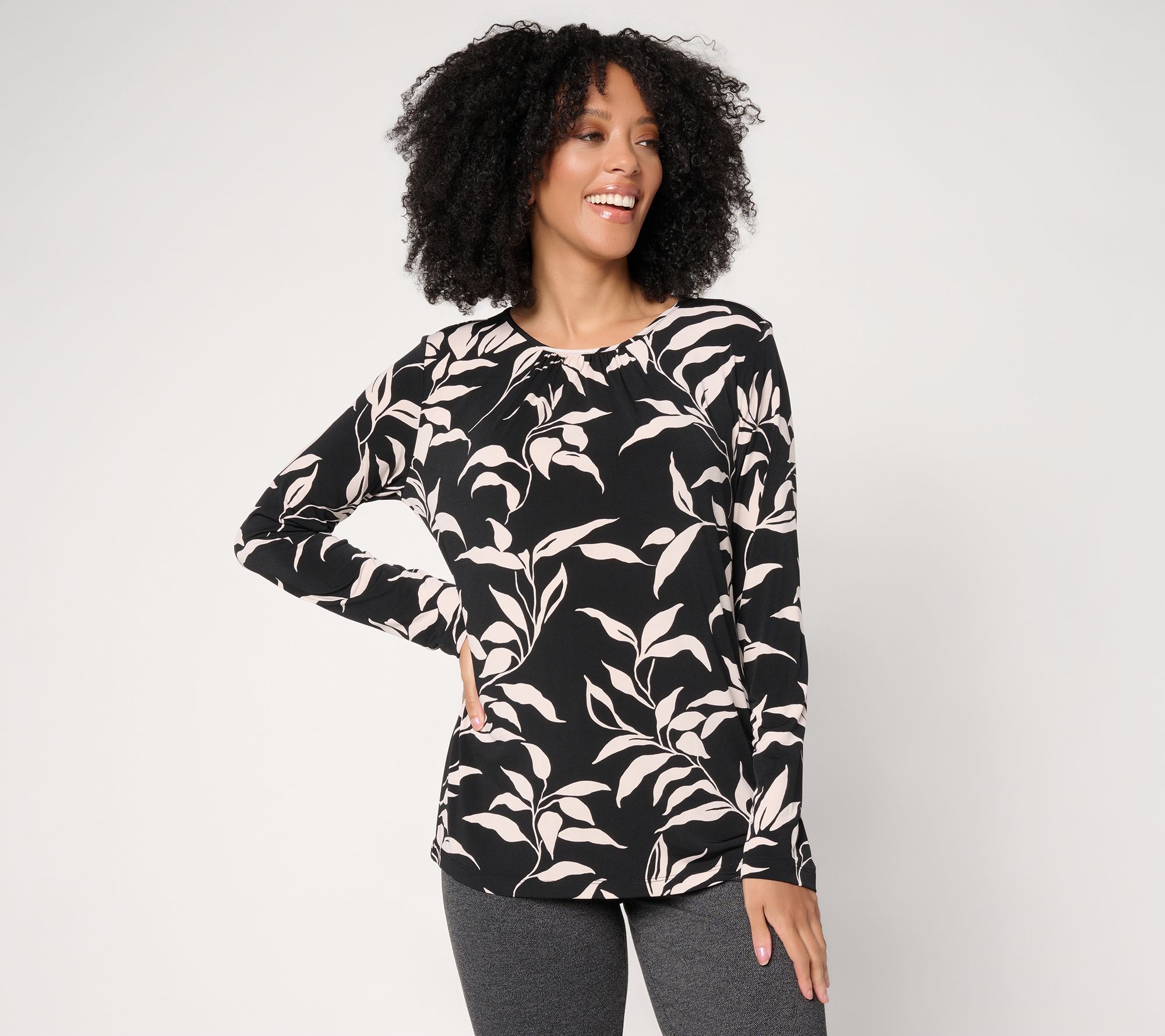Susan Graver Printed Liquid Knit Crew Neck Top with Shirring