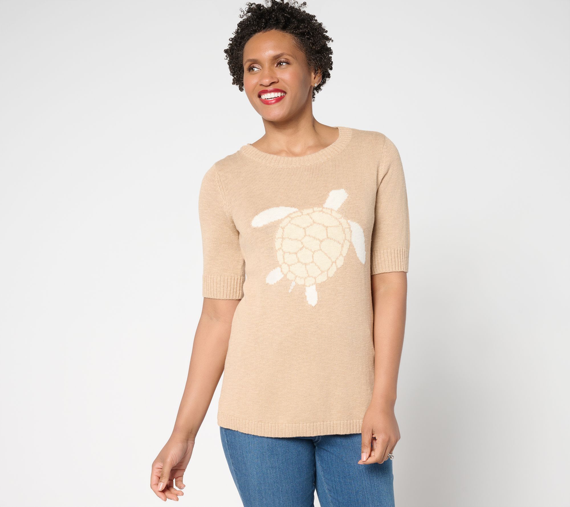 "As Is" Denim & Co. Patterned Elbow Sleeve Crew Neck Sweater