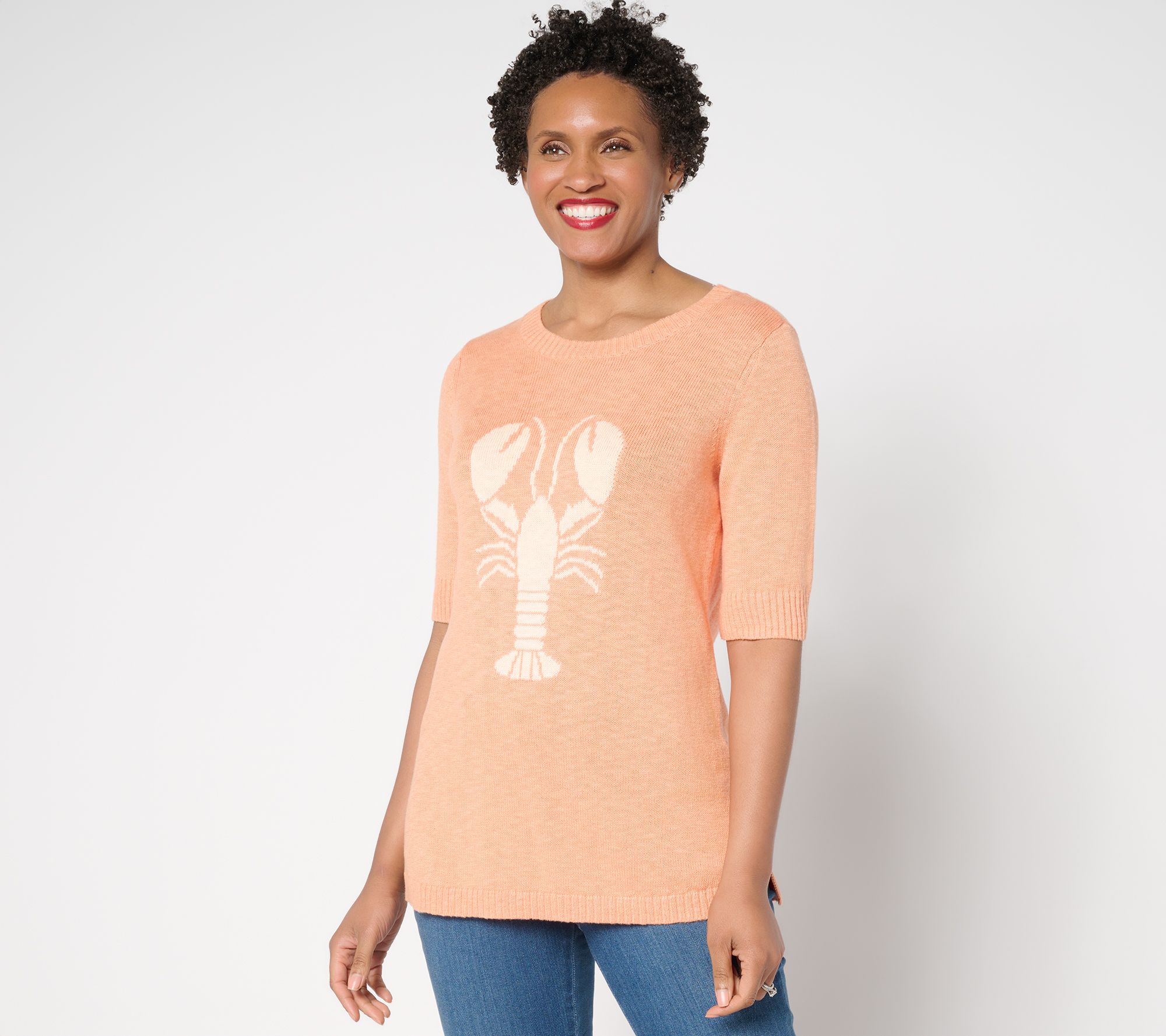 "As Is" Denim & Co. Patterned Elbow Sleeve Crew Neck Sweater