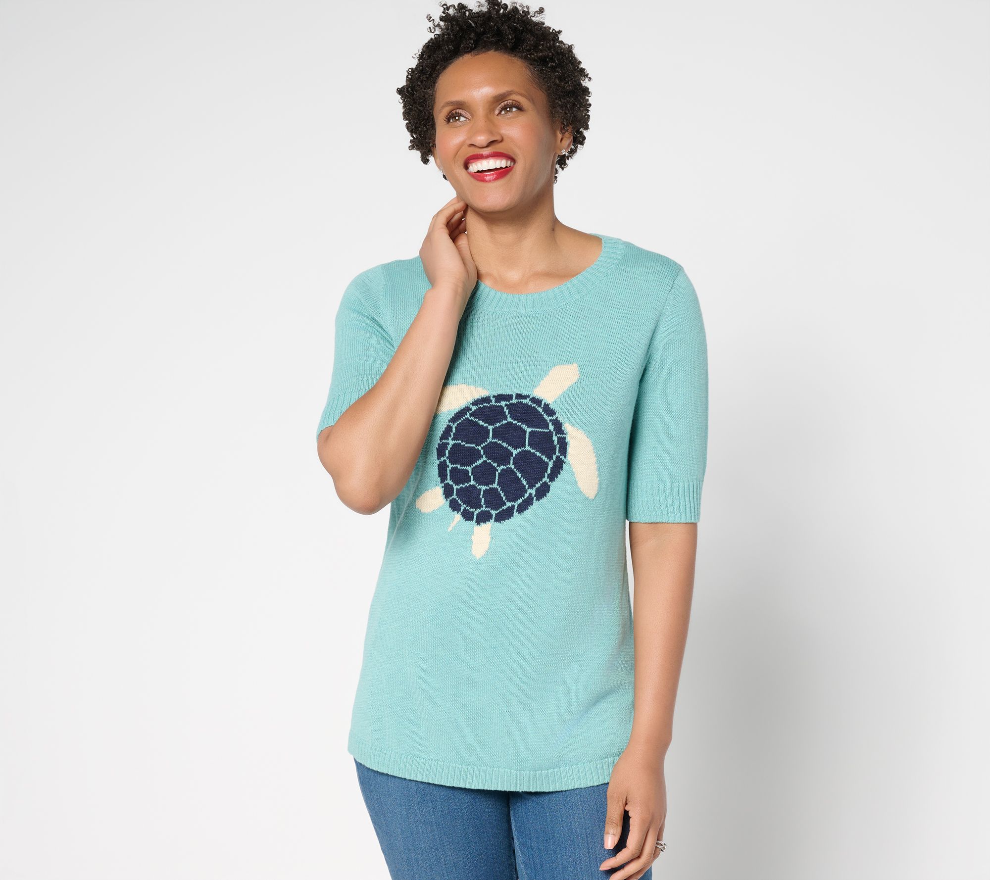 "As Is" Denim & Co. Patterned Elbow Sleeve Crew Neck Sweater