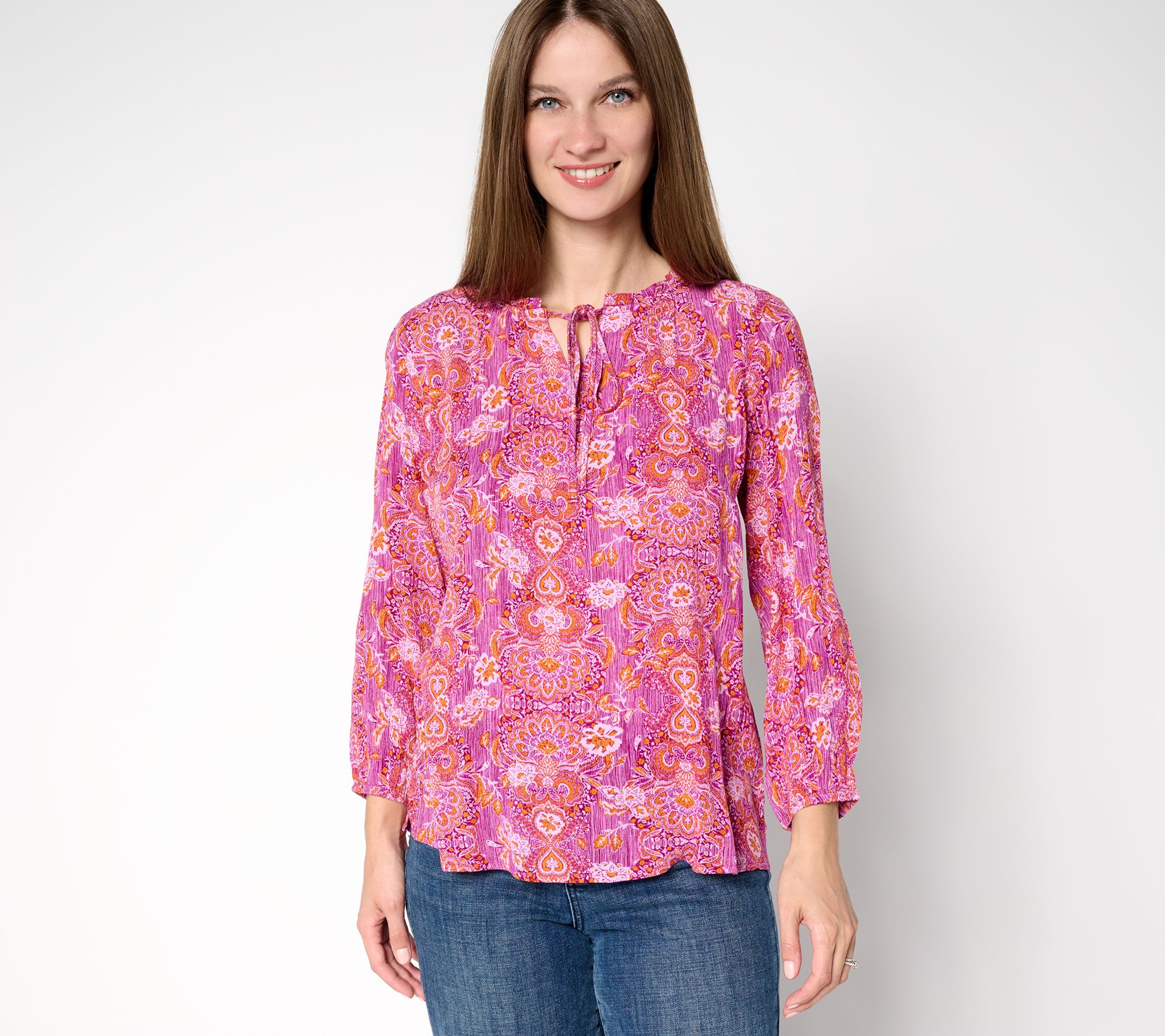 "As Is" Denim & Co. Printed Bracelet Sleeve Popover Top